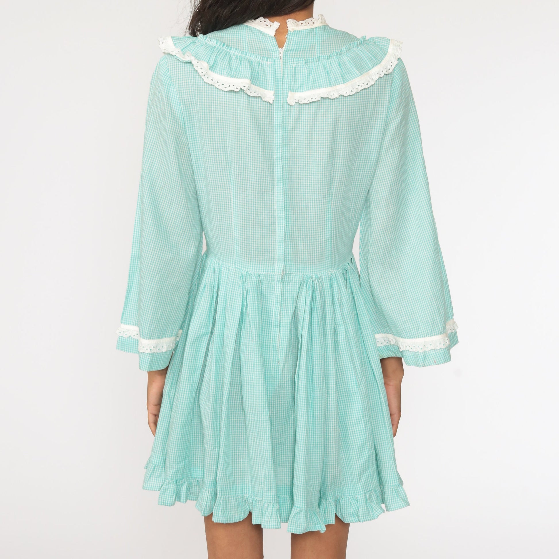 1960s Gingham Mini Dress Bell Sleeve Eyelet Lace Bluish Green Small