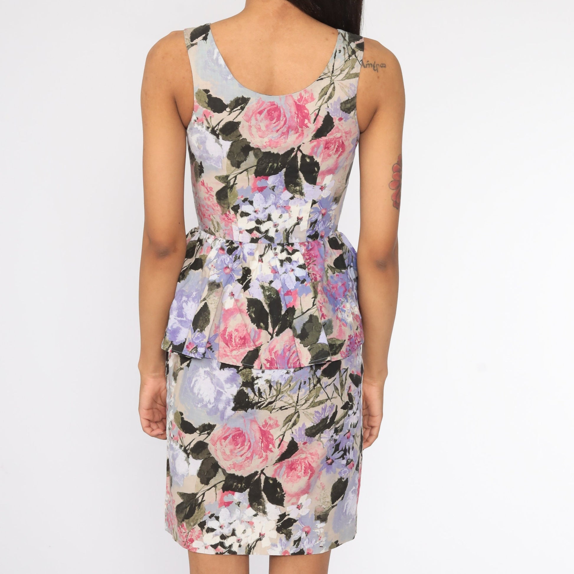 80s Floral Peplum Mini Dress Button-Up Lavender Cotton Sleeveless Extra Small