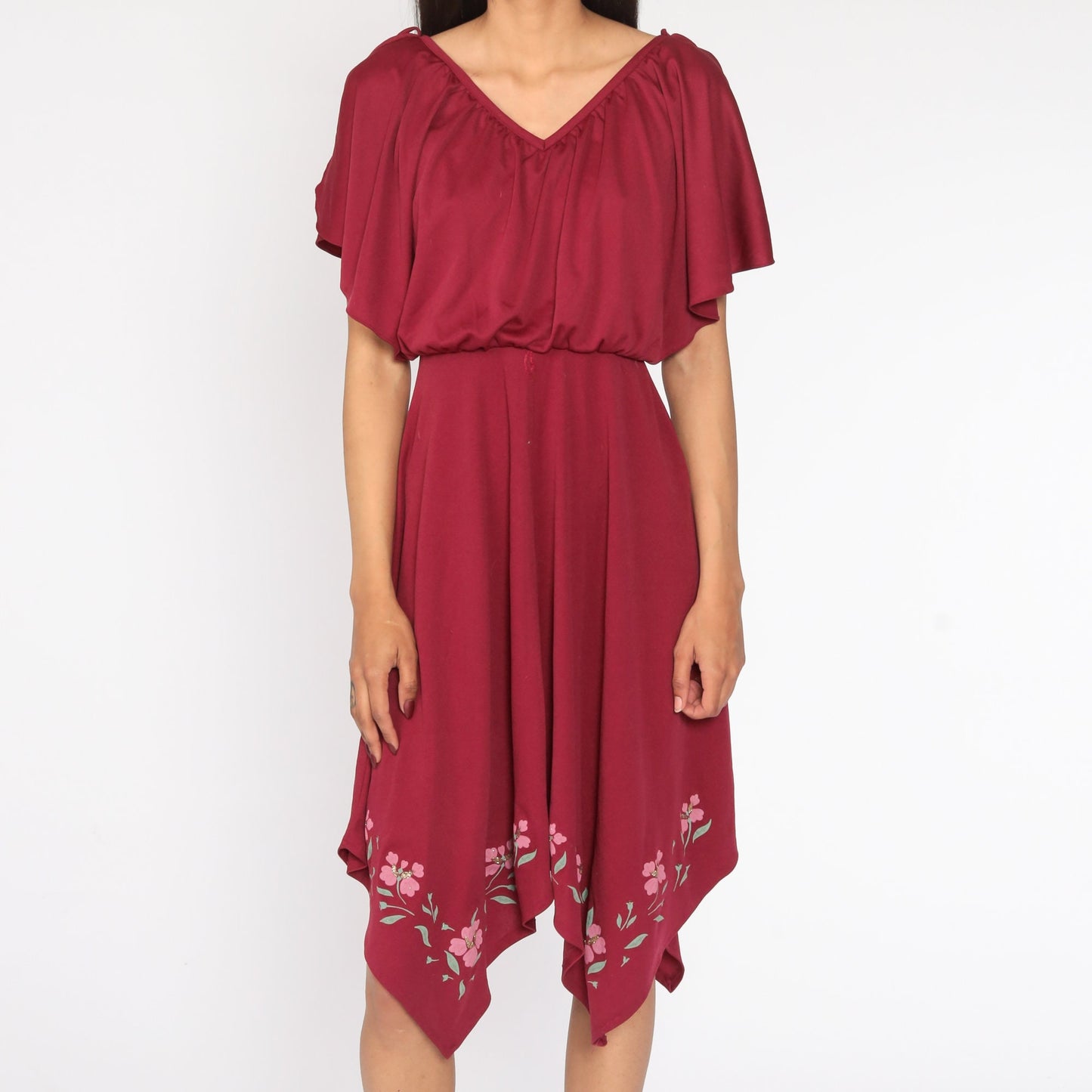 70s Grecian Midi Dress Burgundy Floral High-Low Scarf Hem Small Medium