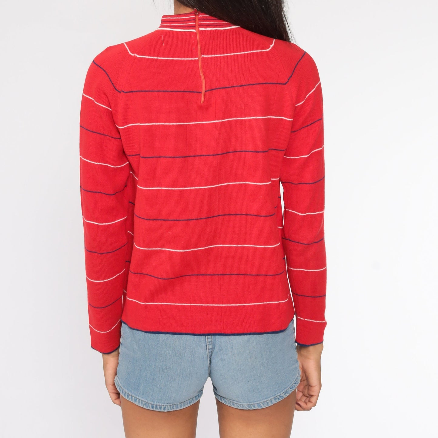 70s Red & White Striped Mock Neck Knit Pullover Small Medium