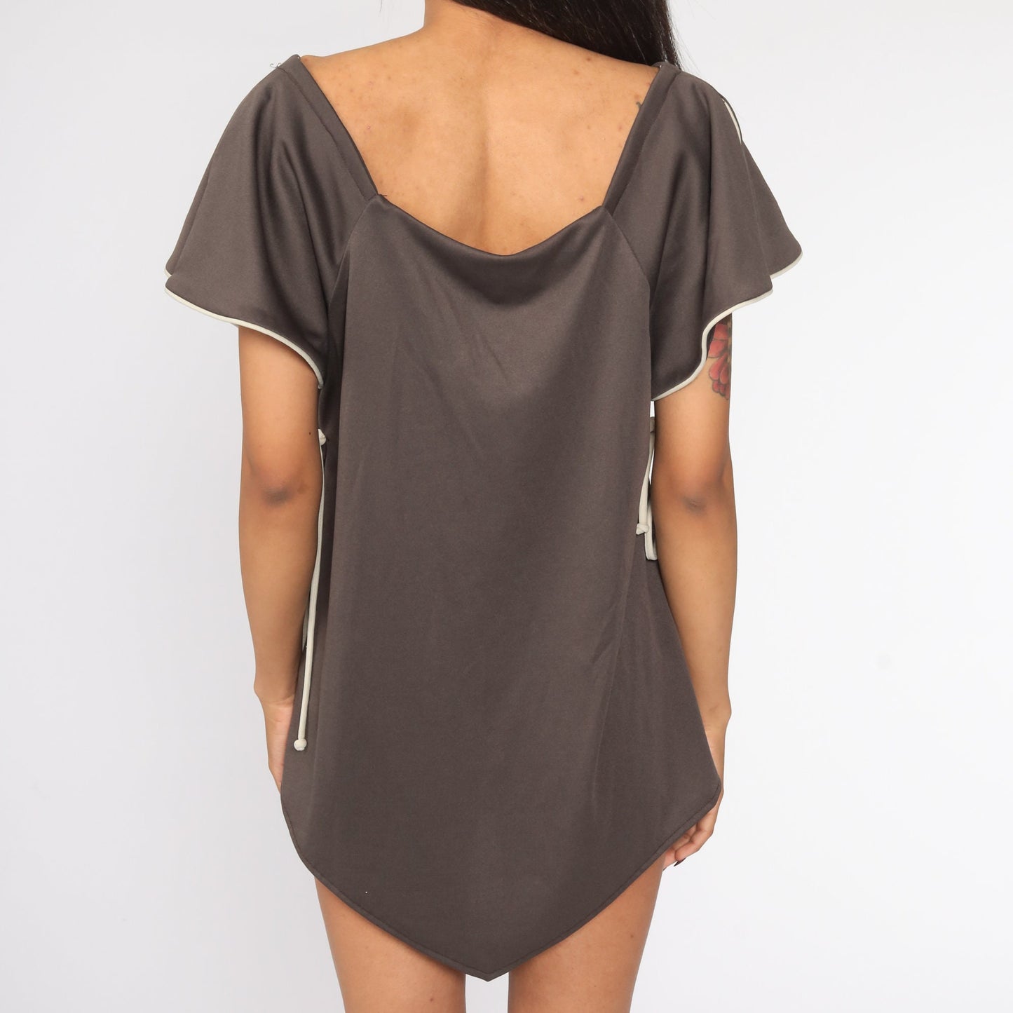 70s Brown Polyester Tunic Top Side Slit Short Sleeve Blouse Medium Large