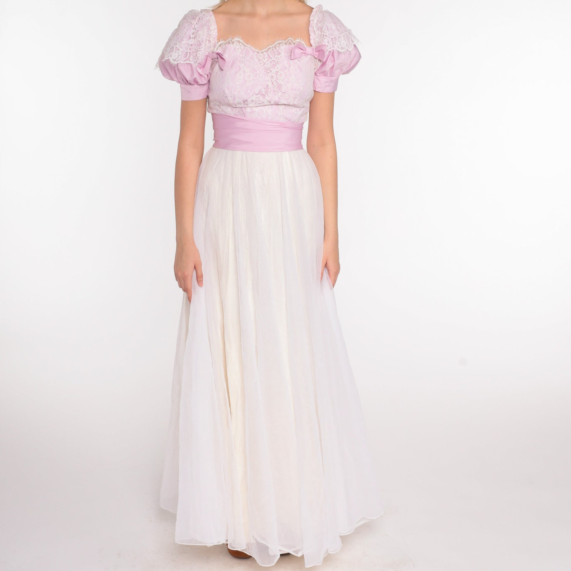 70s Puff Sleeve Maxi Dress Chiffon Lace White Lavender Off-Shoulder Extra Small