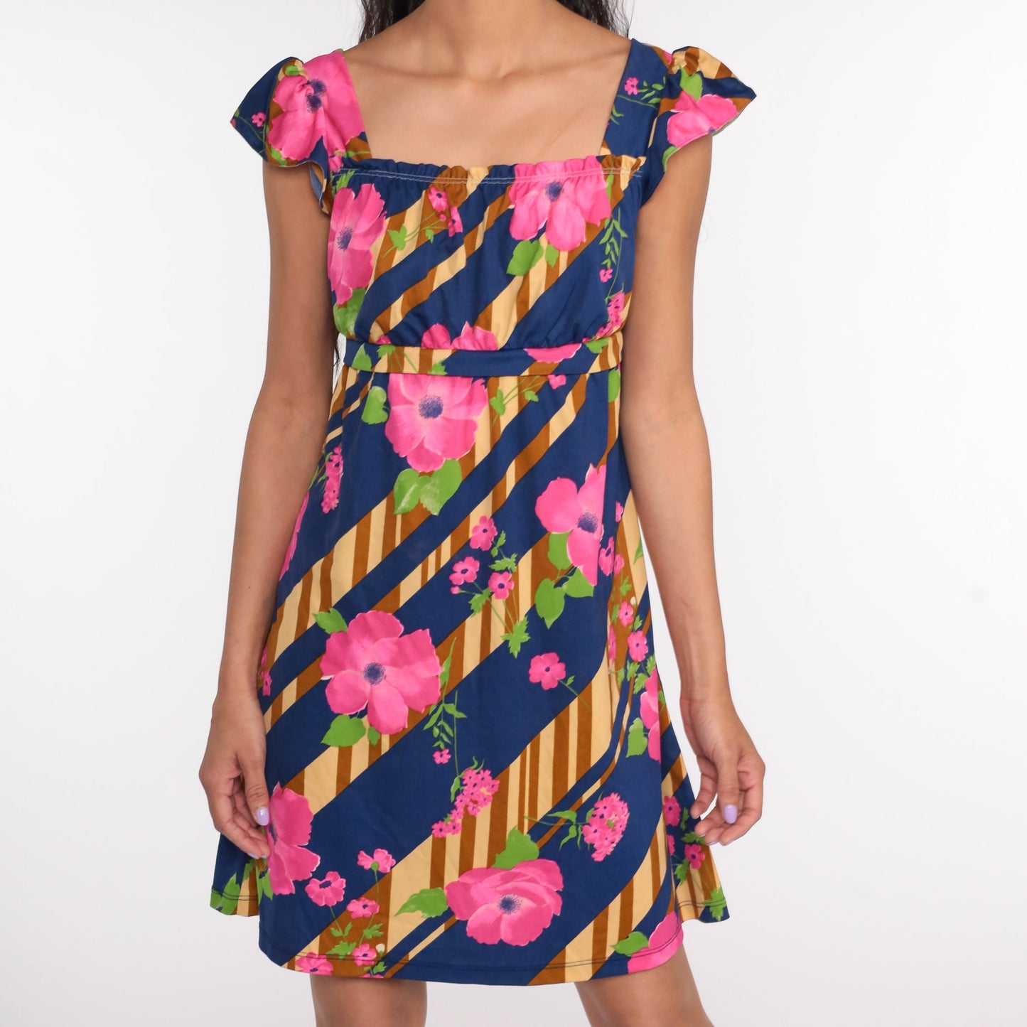 70s Floral Mini Dress Empire Waist Flutter Sleeve Blue Pink Small Medium