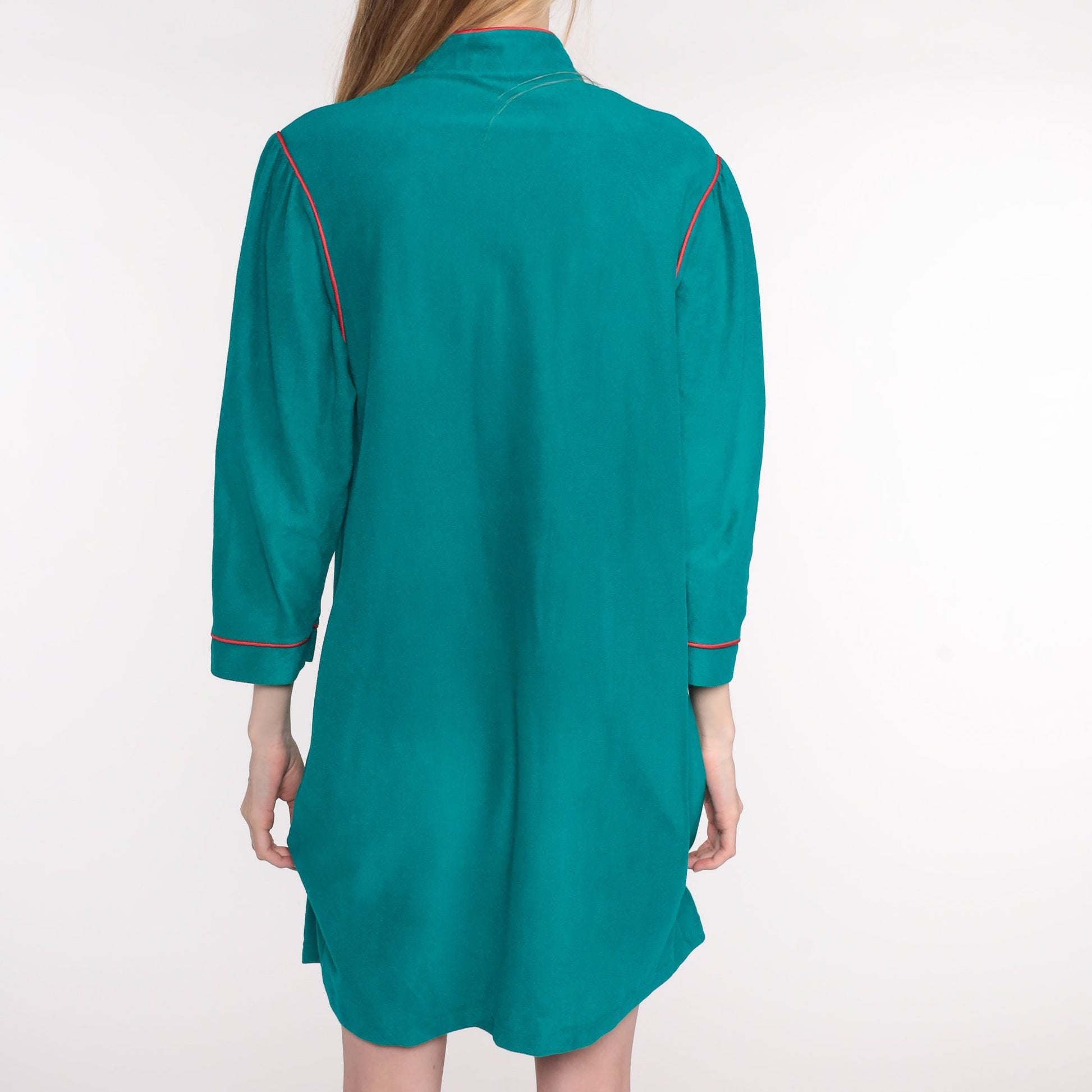 70s Velour Lounge Dress Teal Floral Embroidered Mini Front Zip Small Medium