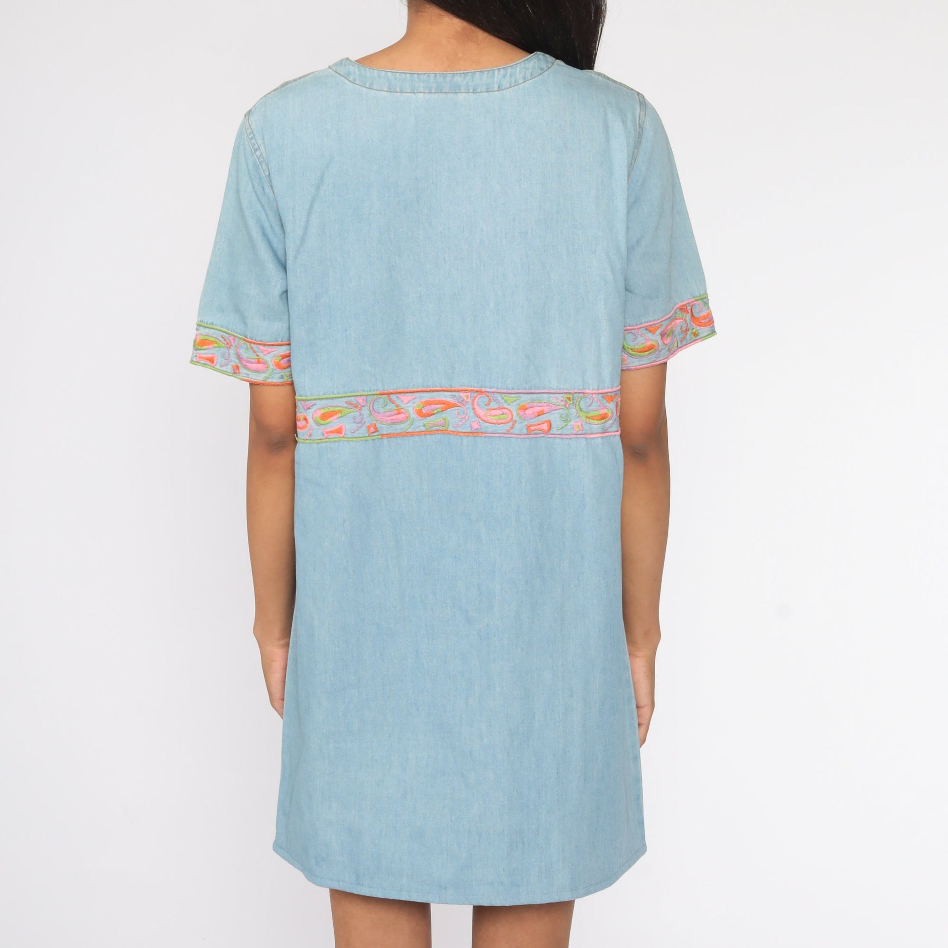 90s Embroidered Paisley Denim Mini Dress Blue Cotton Shift Medium