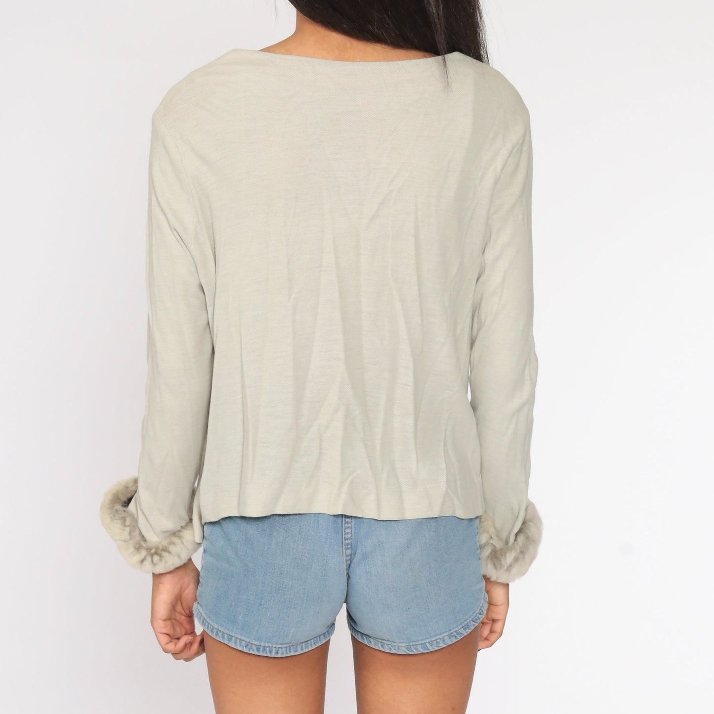 80s Grey Button-Up Blouse with Faux Fur Trim Long Sleeve Large L