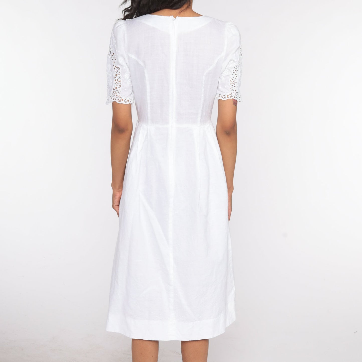 1970s White Linen Cotton Midi Dress Peter Pan Collar Puff Sleeve Small