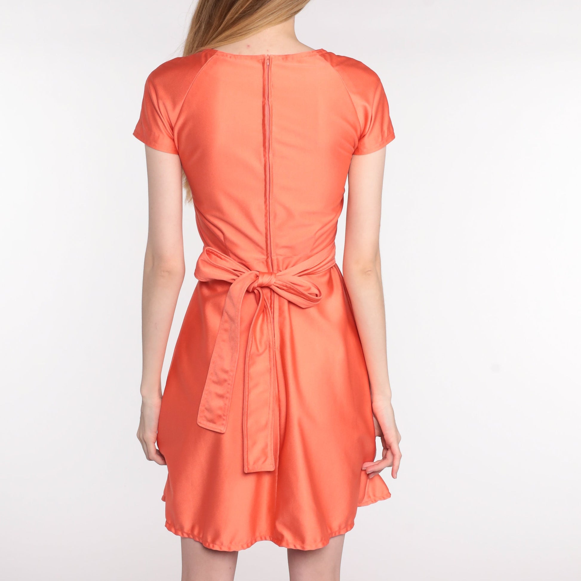70s Orange Babydoll Mini Dress Empire Waist Deep V Neck Extra Small