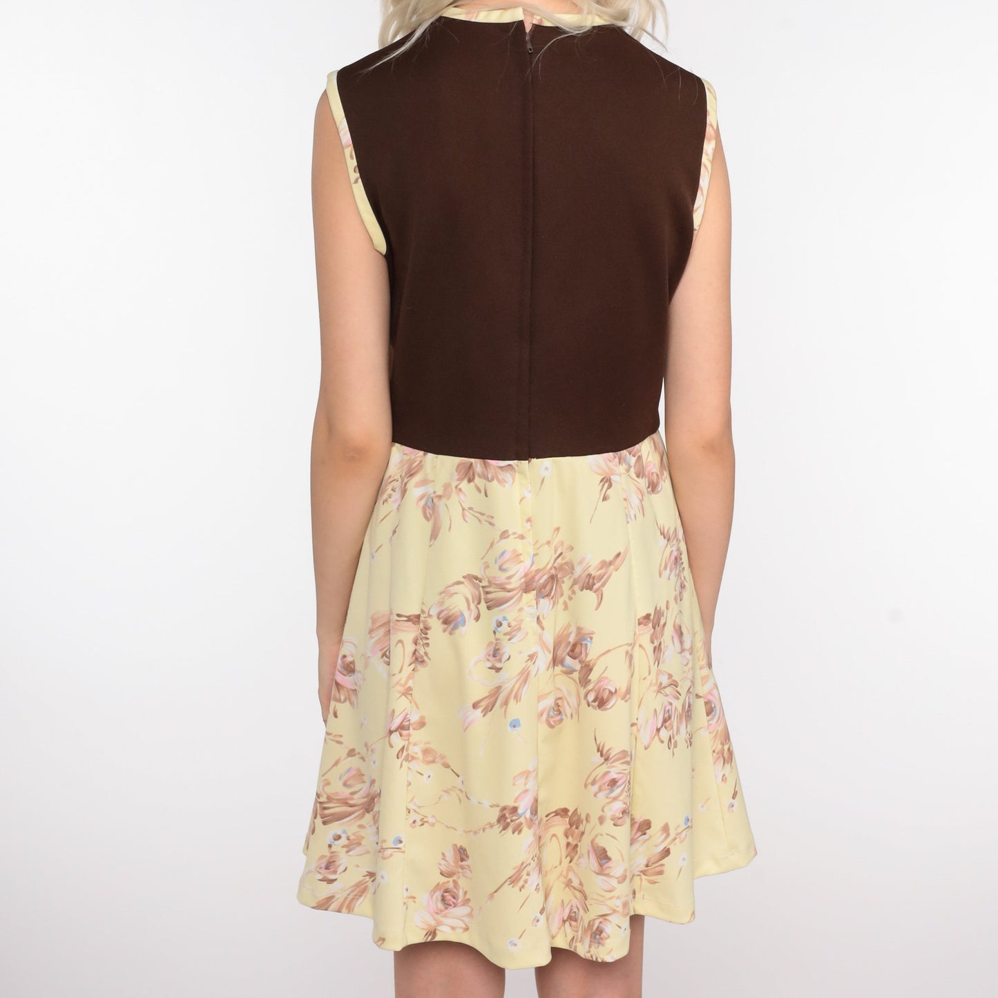 70s Floral Mini Dress High Waisted Sleeveless Brown Yellow Medium