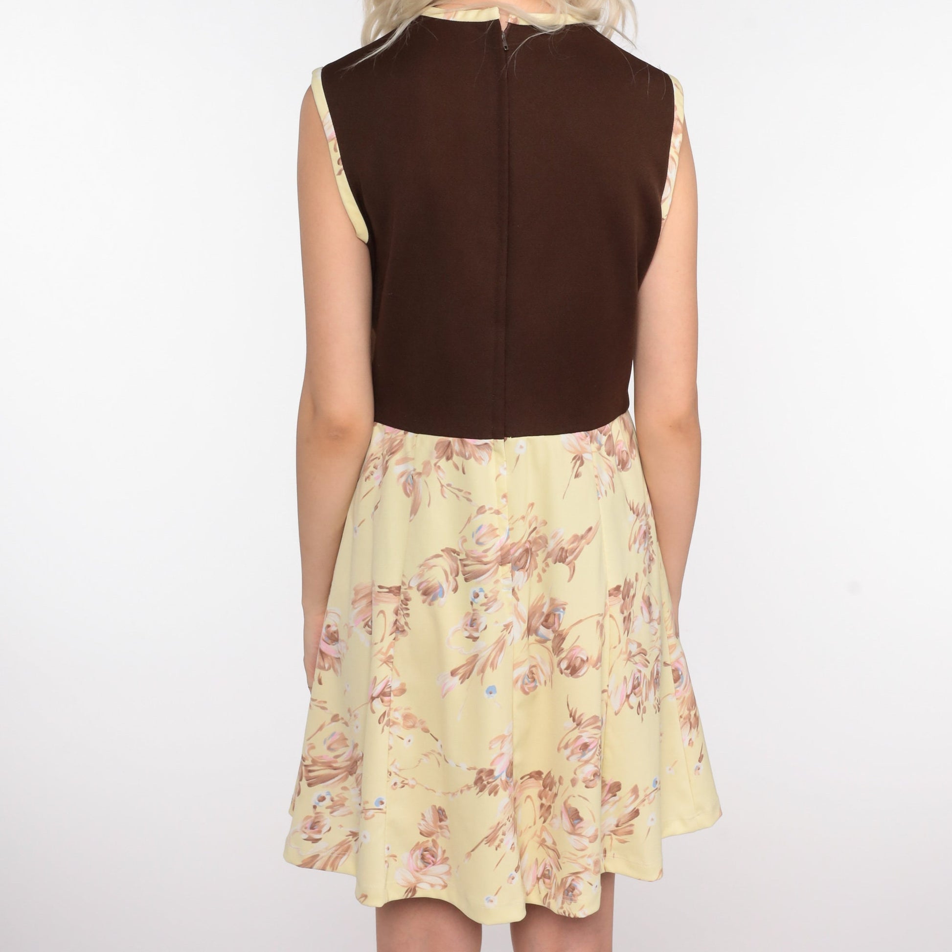 70s Floral Mini Dress High Waisted Sleeveless Brown Yellow Medium