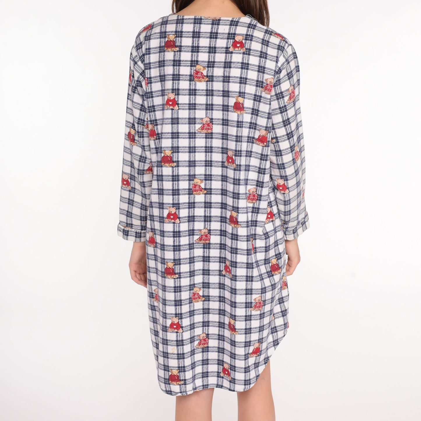 80s Teddy Bear Flannel Nightgown Checkered Pajama Dress Cotton Medium