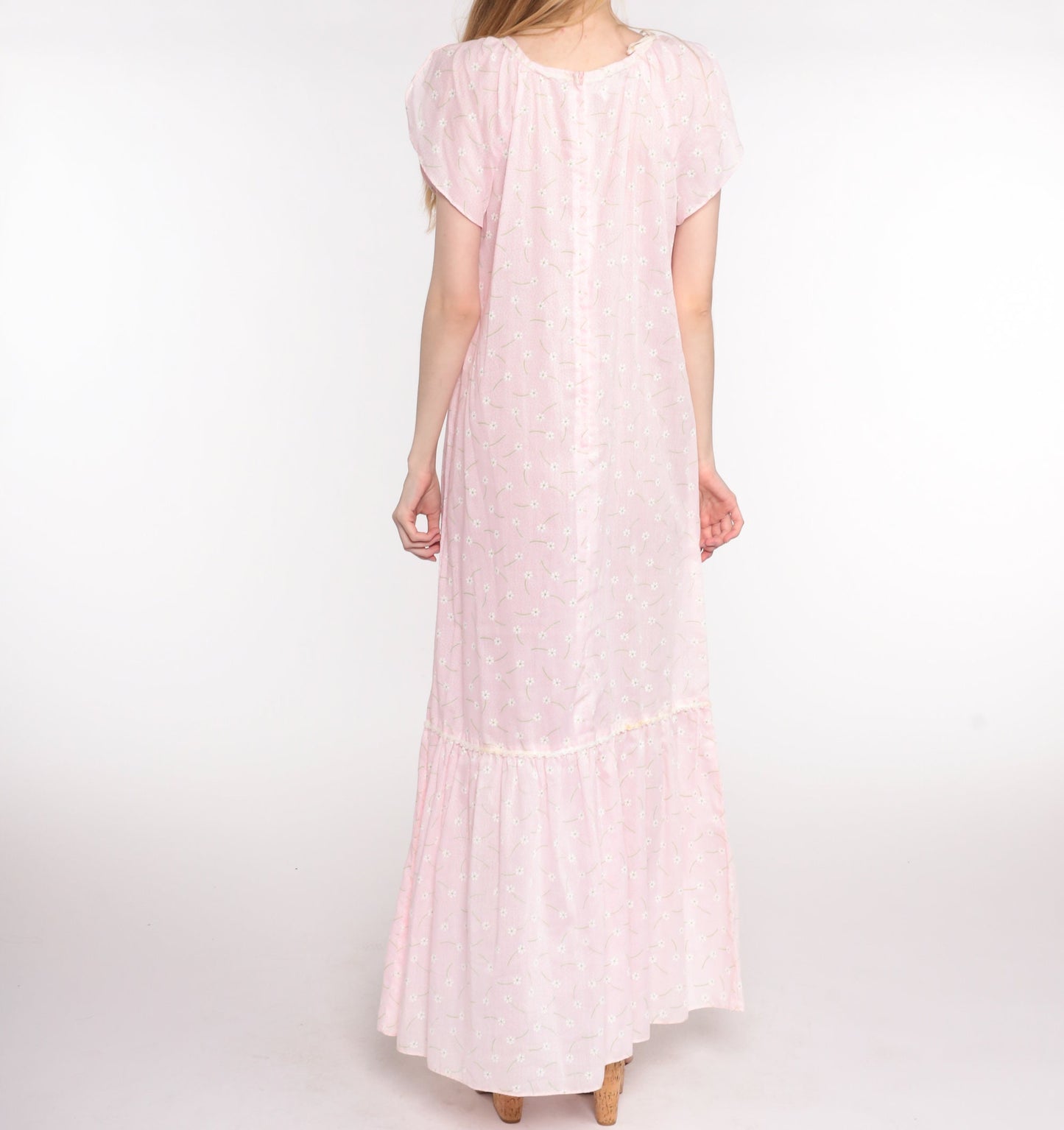 70s Pink Floral Maxi Dress Ditsy Print Semi-Sheer Cotton V-Neck Medium