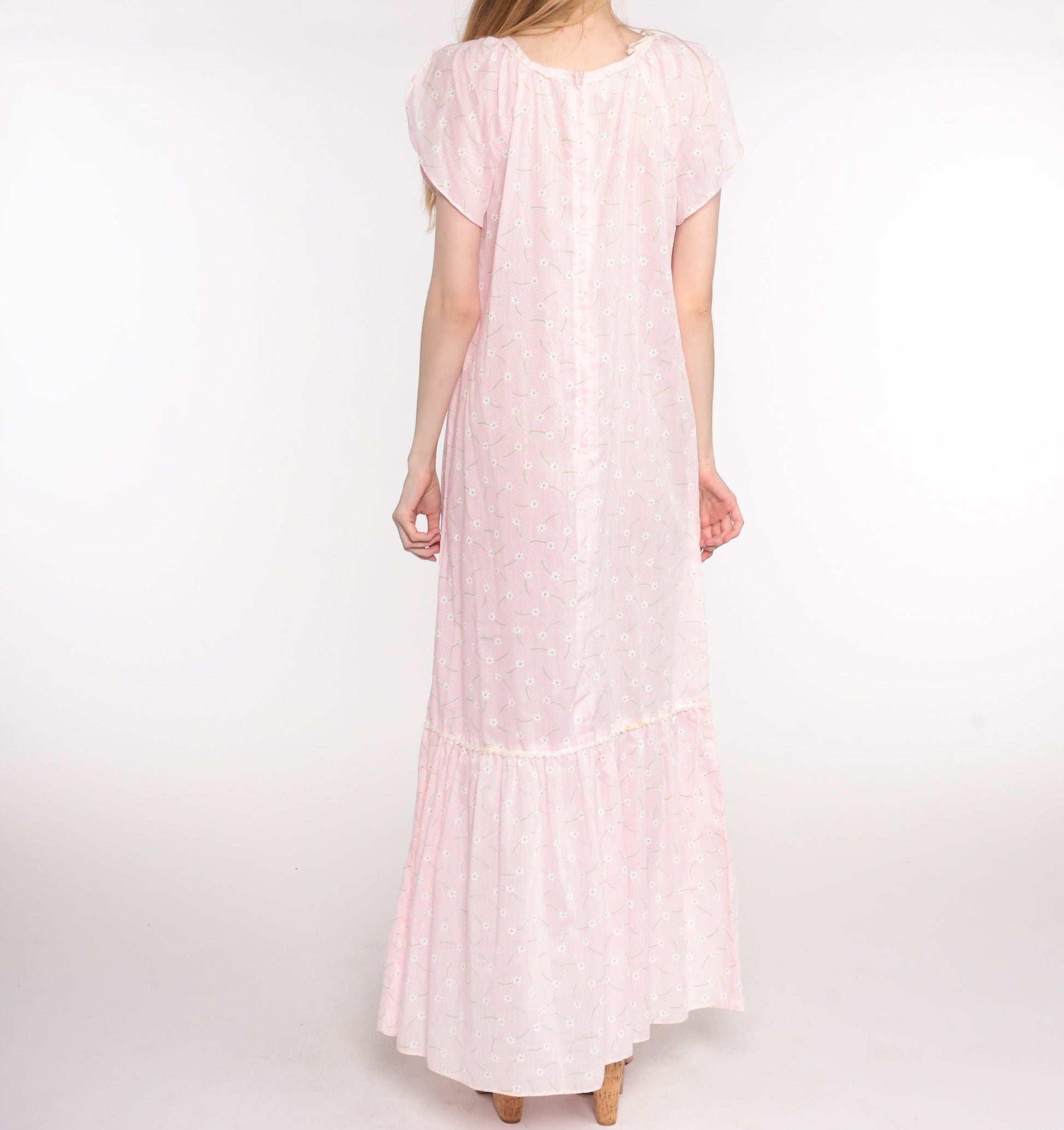 70s Pink Floral Maxi Dress Ditsy Print Semi-Sheer Cotton V-Neck Medium