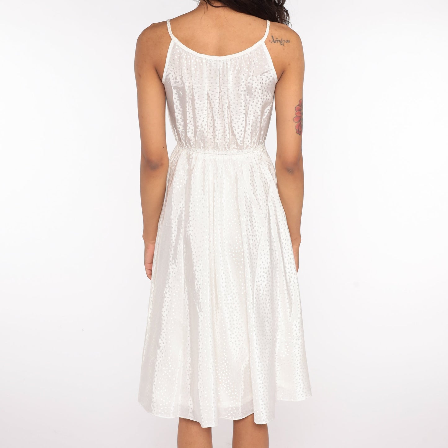1970s White Polka Dot Grecian Midi Dress Spaghetti Strap High Waist Small