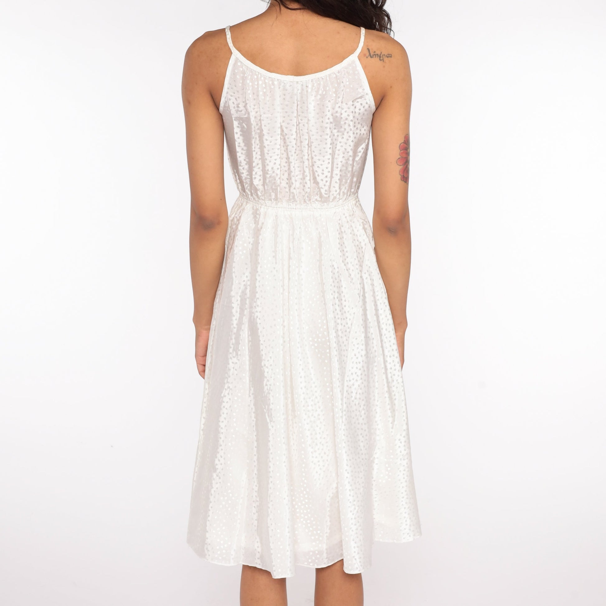 1970s White Polka Dot Grecian Midi Dress Spaghetti Strap High Waist Small