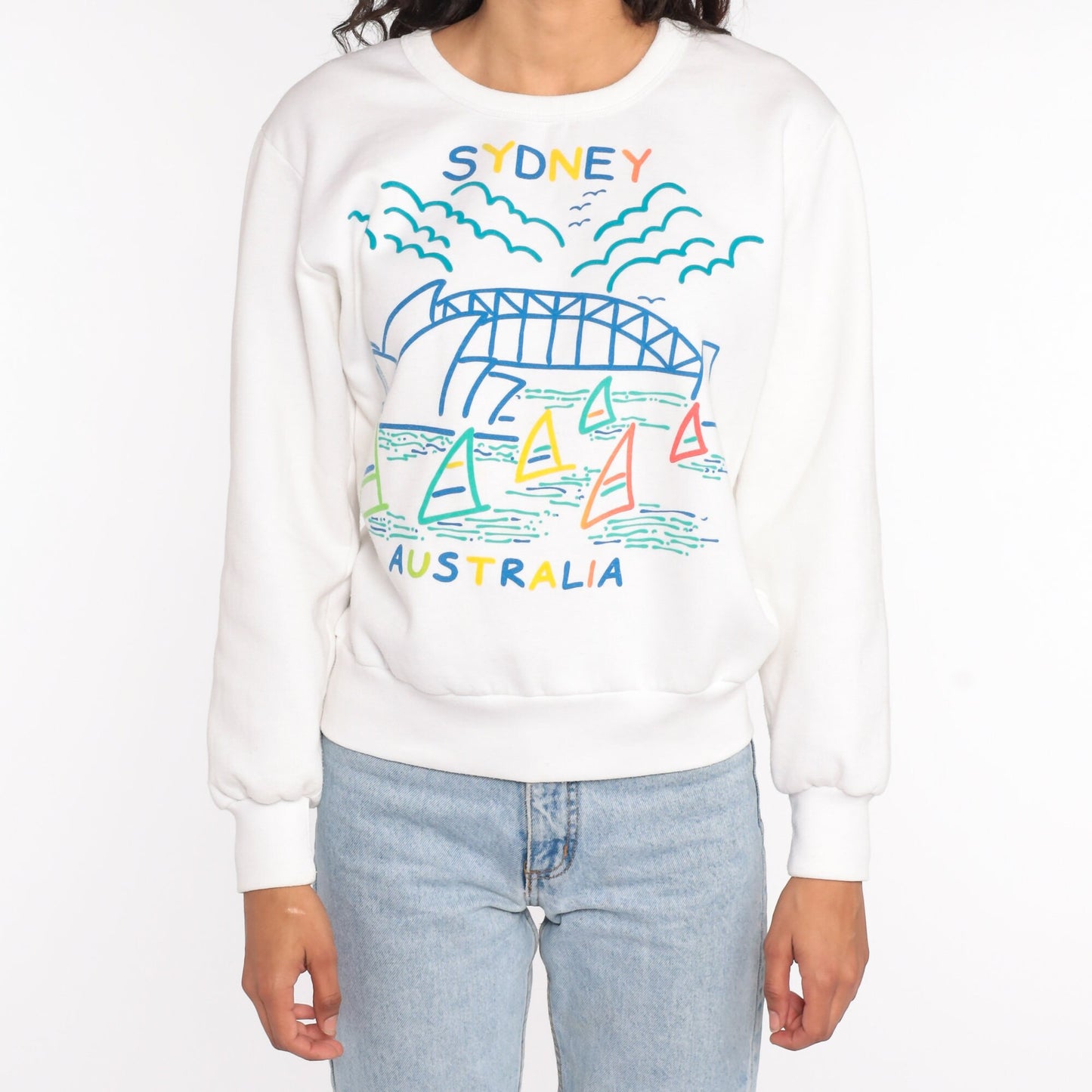 90s Sydney Opera House Harbour Bridge Sweatshirt White Graphic Crewneck Small