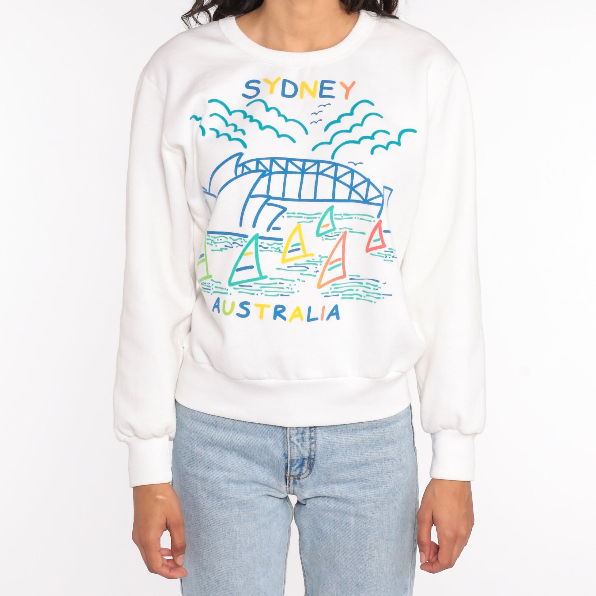 90s Sydney Opera House Harbour Bridge Sweatshirt White Graphic Crewneck Small