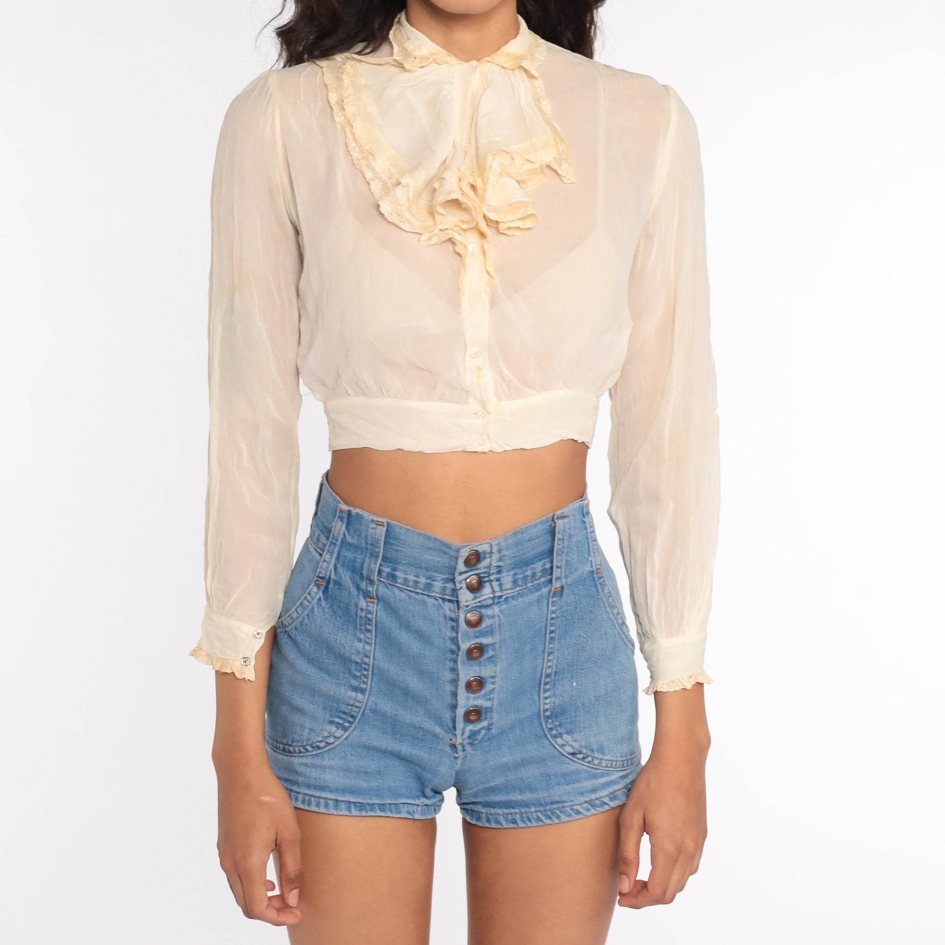 1940s Cream Chiffon Tuxedo Ruffle Blouse Crop Top Button Up Extra Small