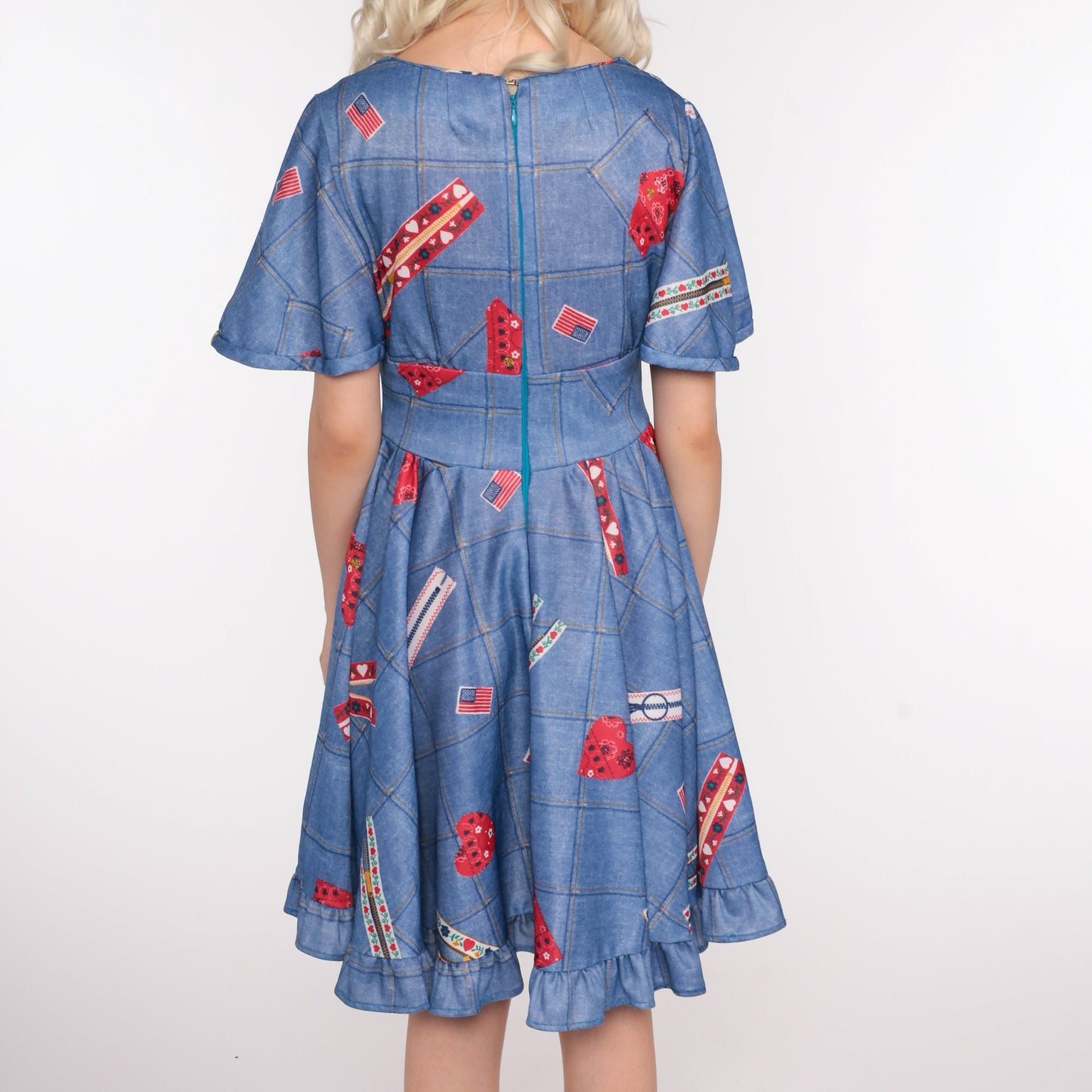70s Babydoll Mini Dress Heart Zipper Flag Novelty Print Blue Small