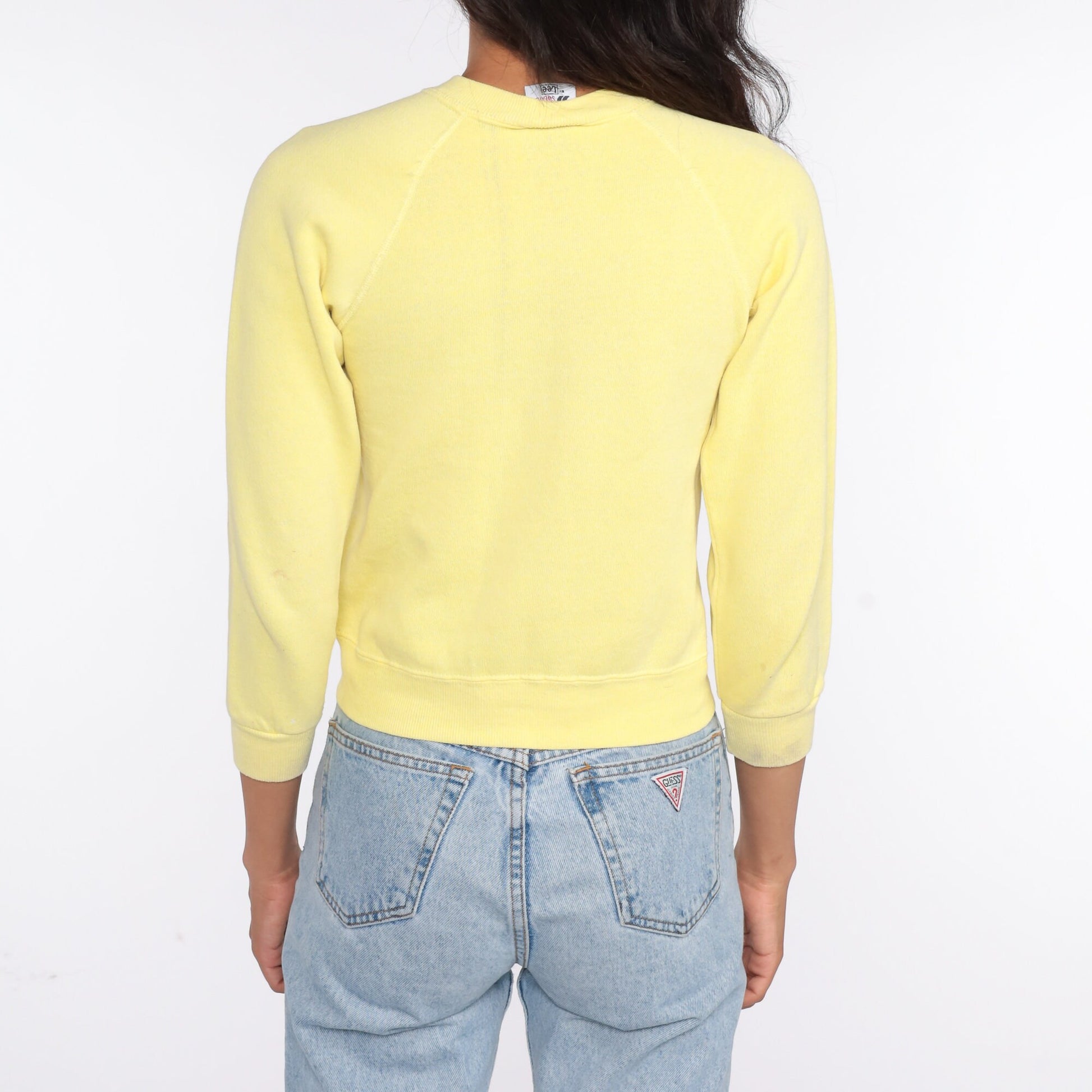 80s Teddy Bear Print Raglan Sweatshirt Yellow Graphic Crewneck XXS