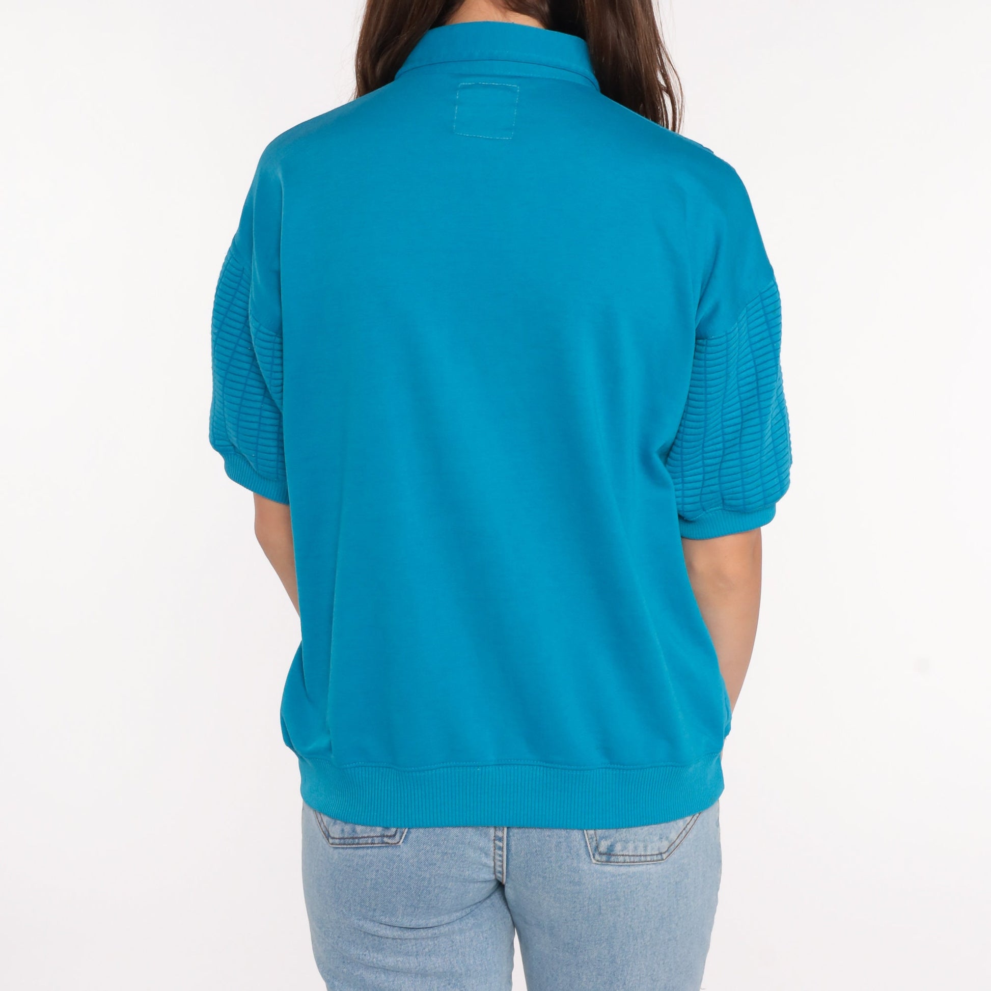 80s Blue Polo Shirt Short Sleeve Button Neck Vintage Top Large