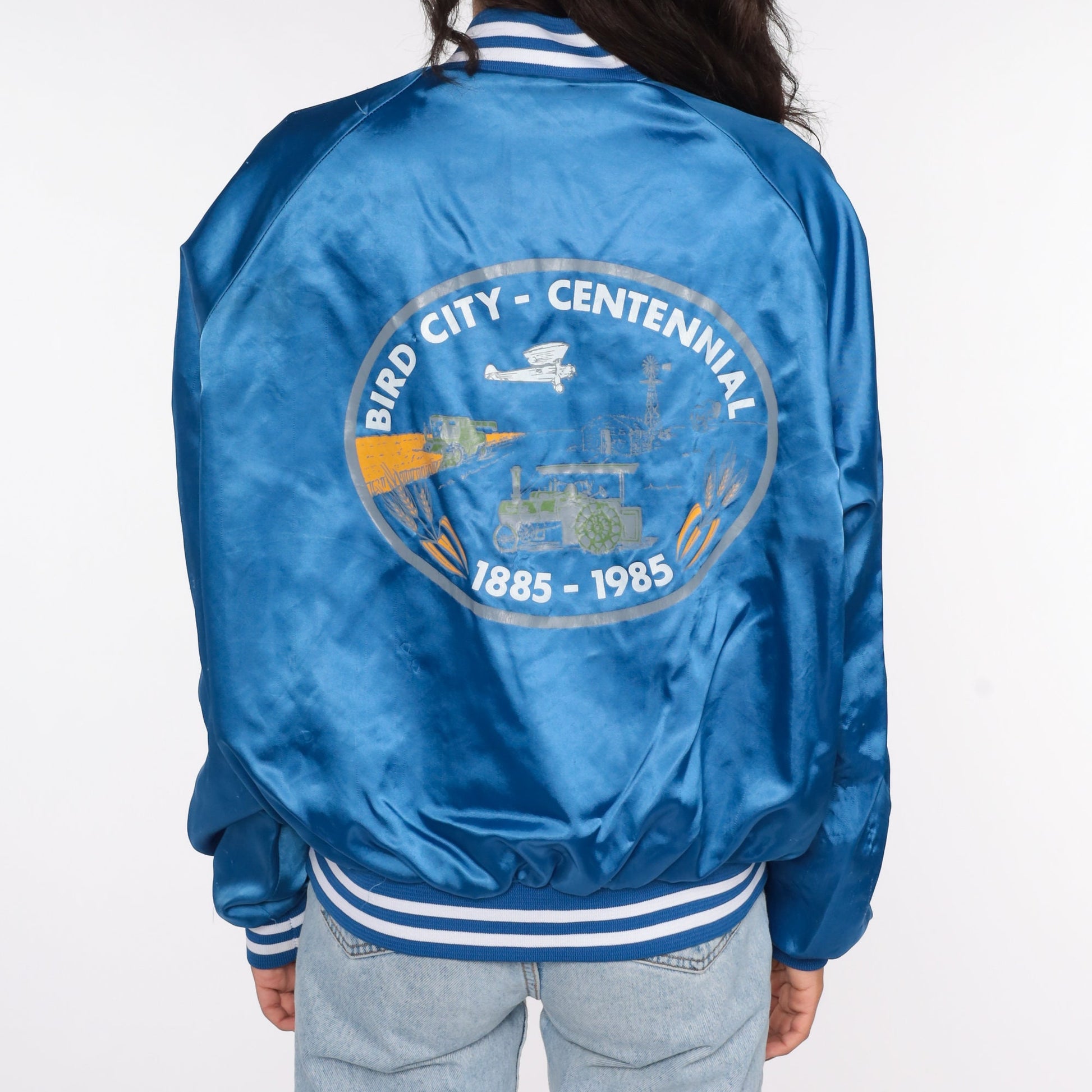 80s Bird City Kansas Satin Bomber Jacket Blue Snap Centennial XXL