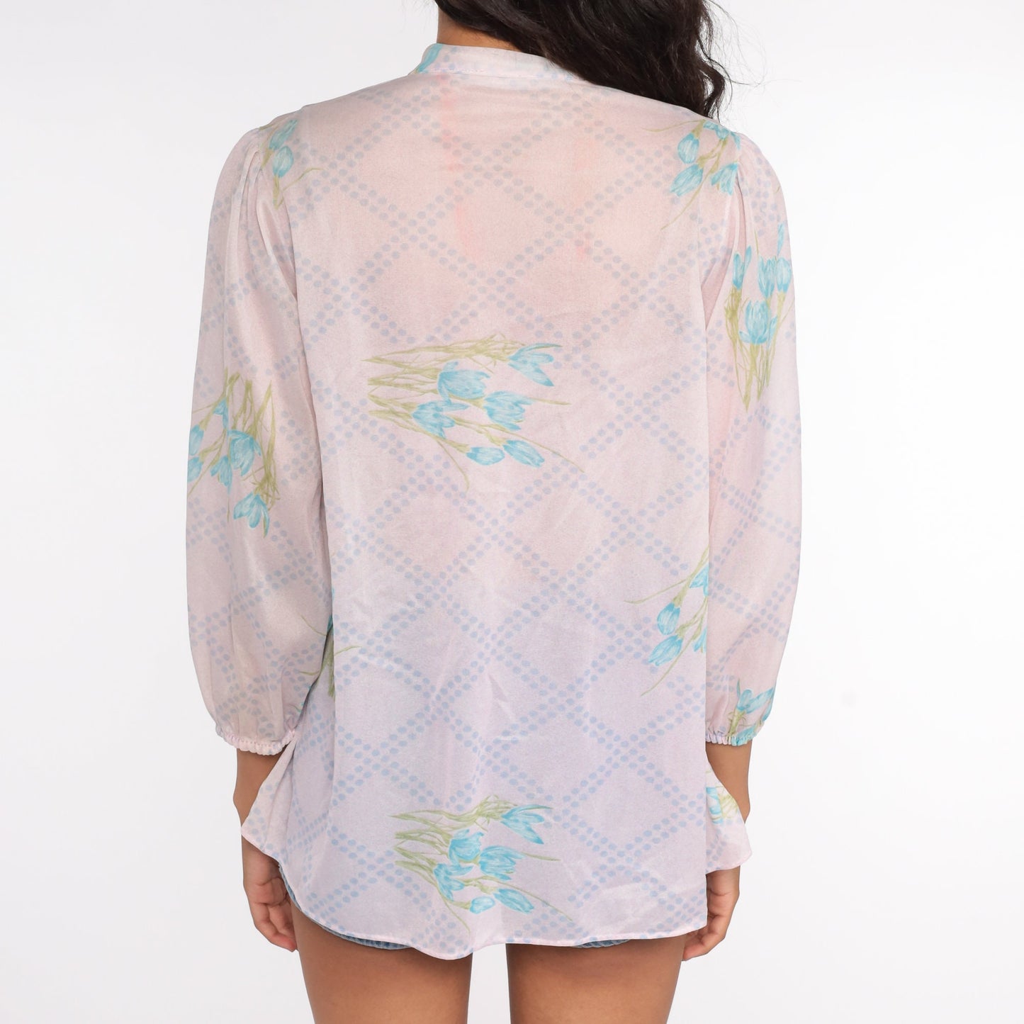 70s Floral Ascot Blouse Sheer Pink Puff Sleeve Bow Neck Medium