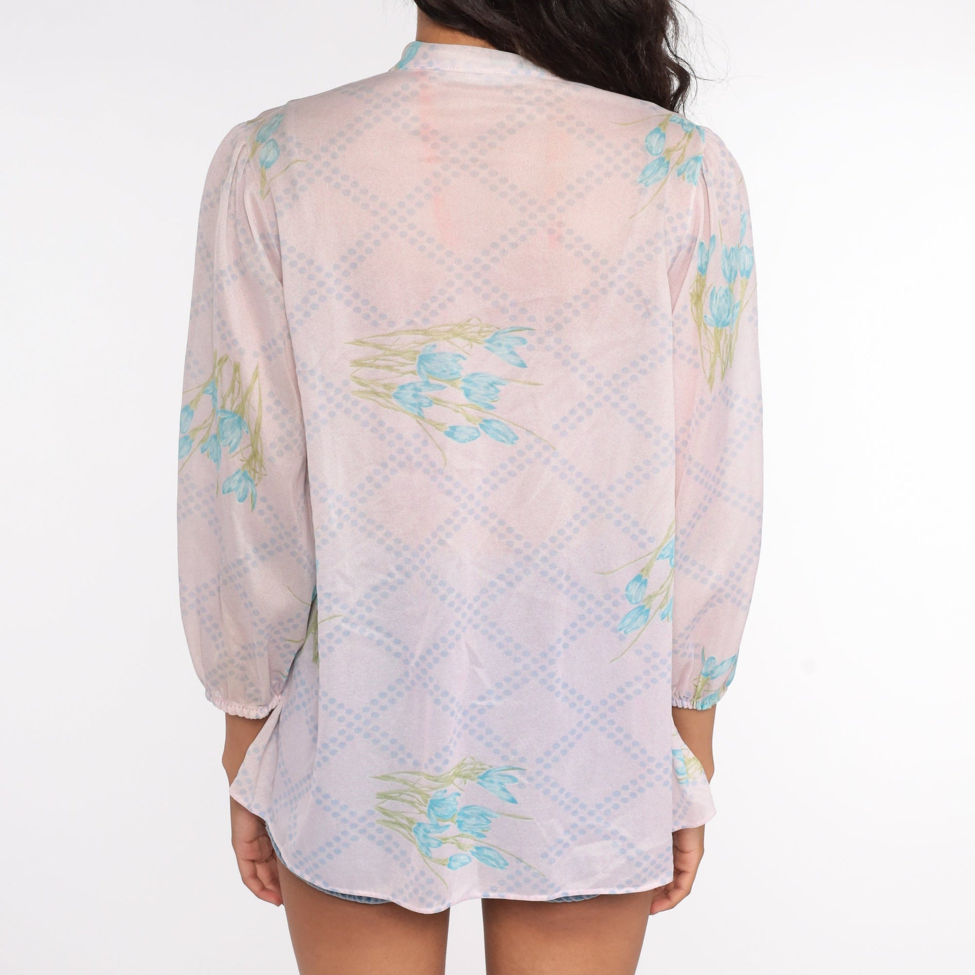 70s Floral Ascot Blouse Sheer Pink Puff Sleeve Bow Neck Medium