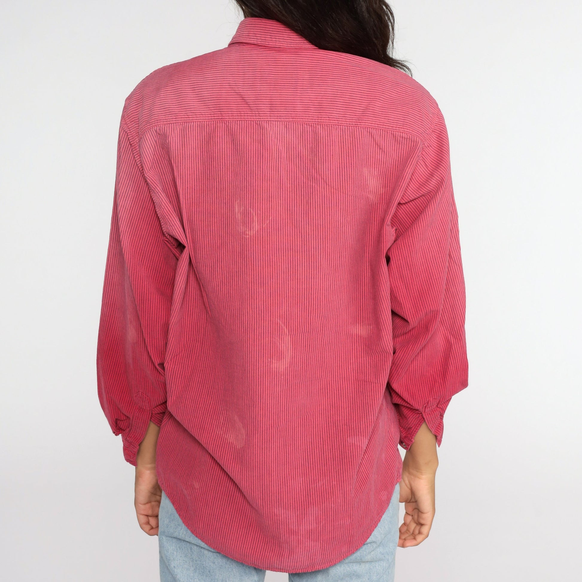 90s Calvin Klein Red Striped Oxford Button-Up Shirt Distressed Cotton Medium