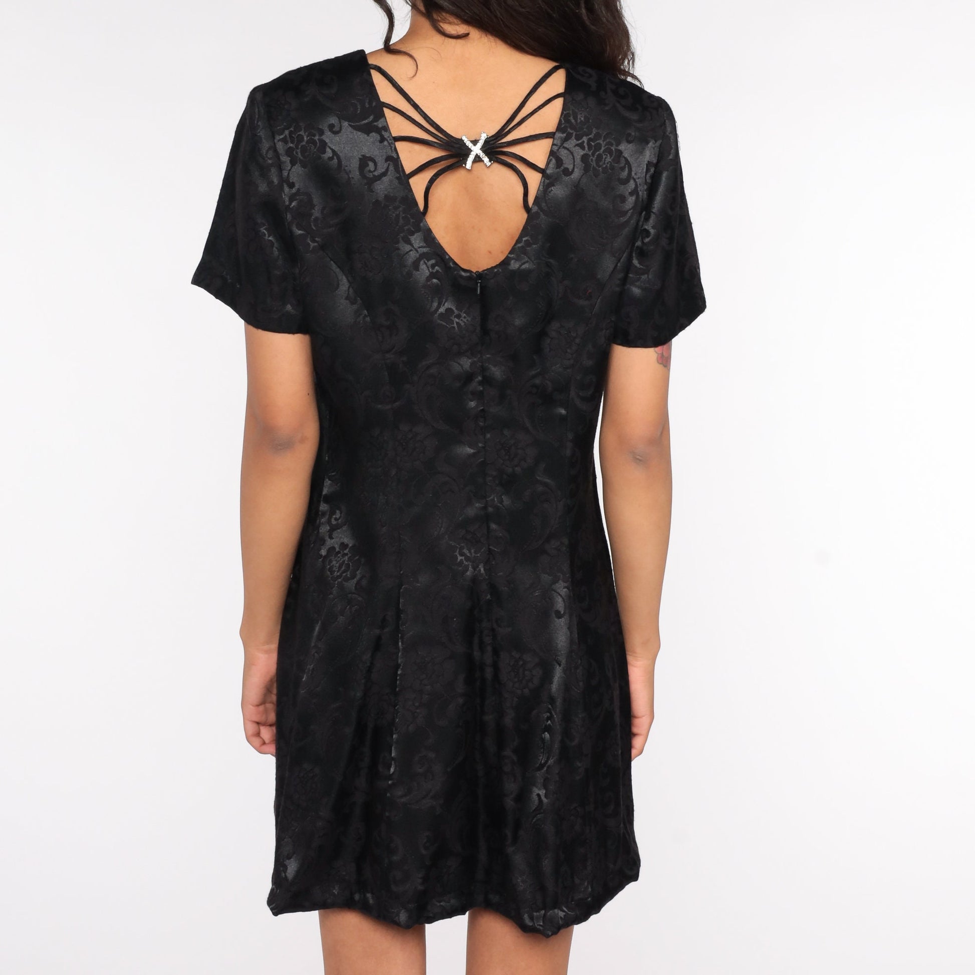 90s Black Satin Shift Mini Dress Floral Cage Back Rhinestone Medium