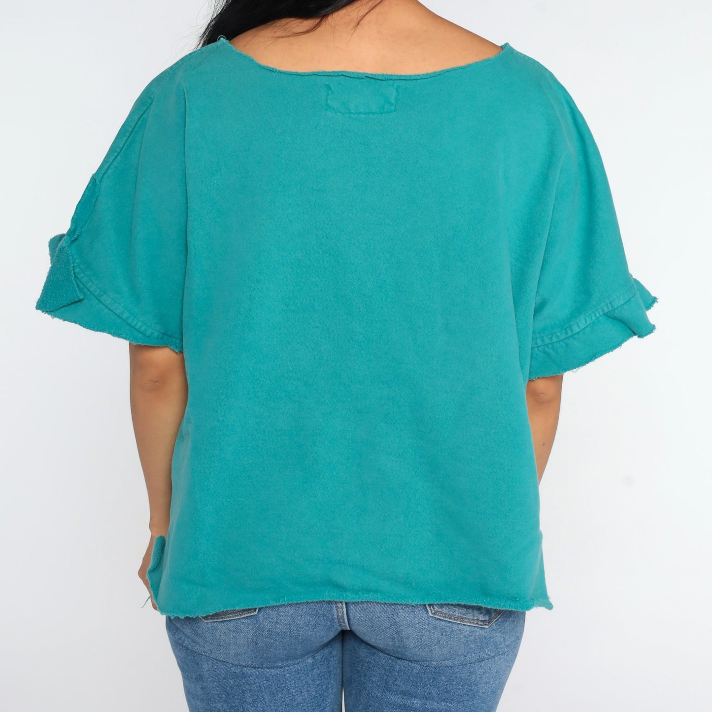 90s Enuf Rainbow Spellout T-Shirt Turquoise Green Cutoff Large