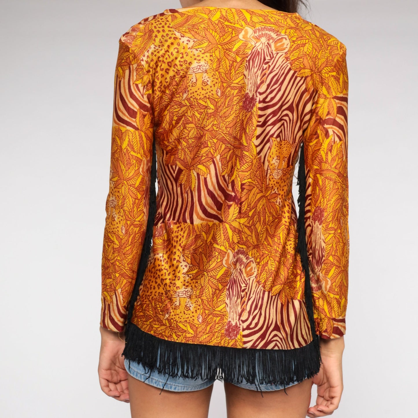 70s Leopard Zebra Animal Print Blouse Fringe Trim Small