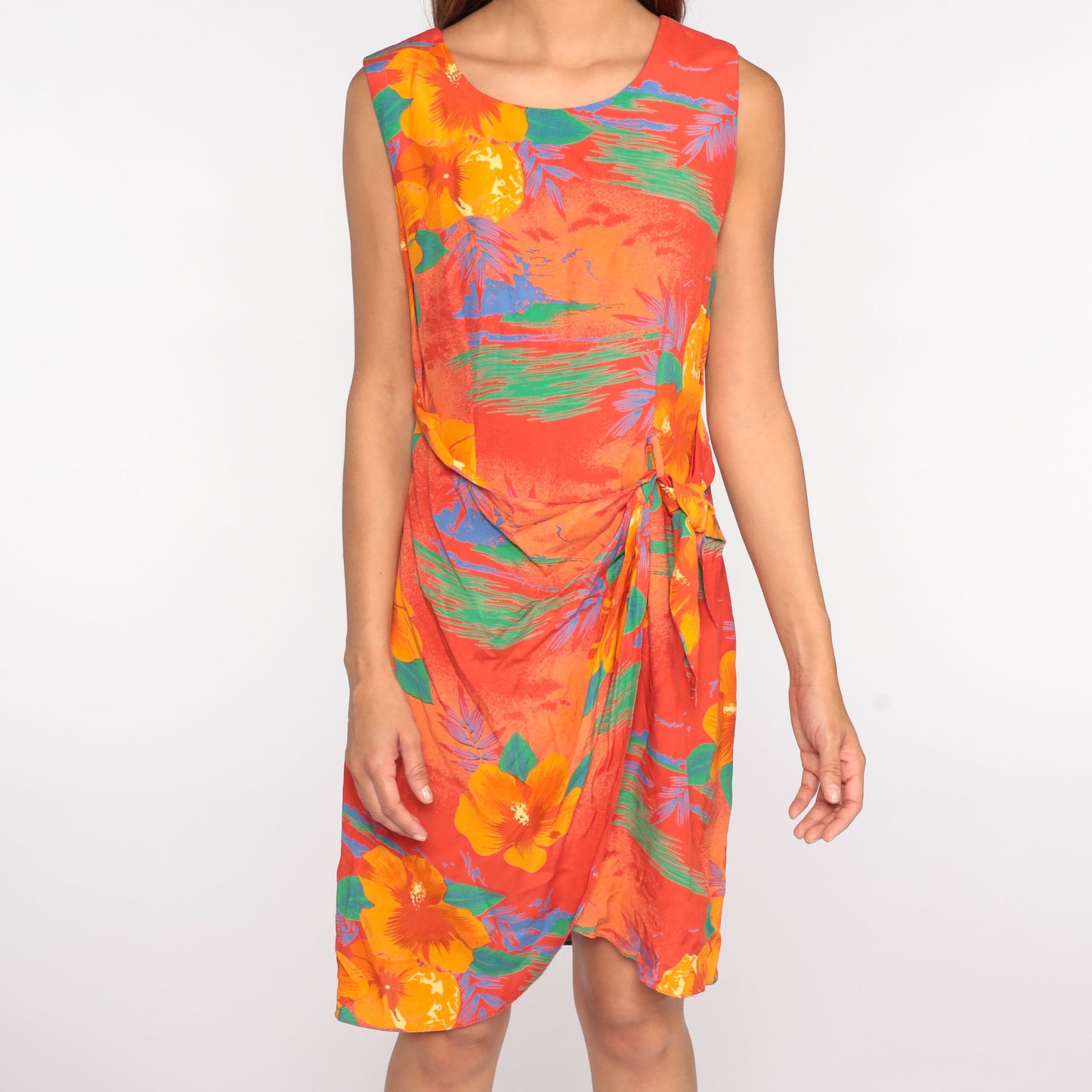80s Tropical Floral Mini Wrap Dress Orange Short Sleeve Medium