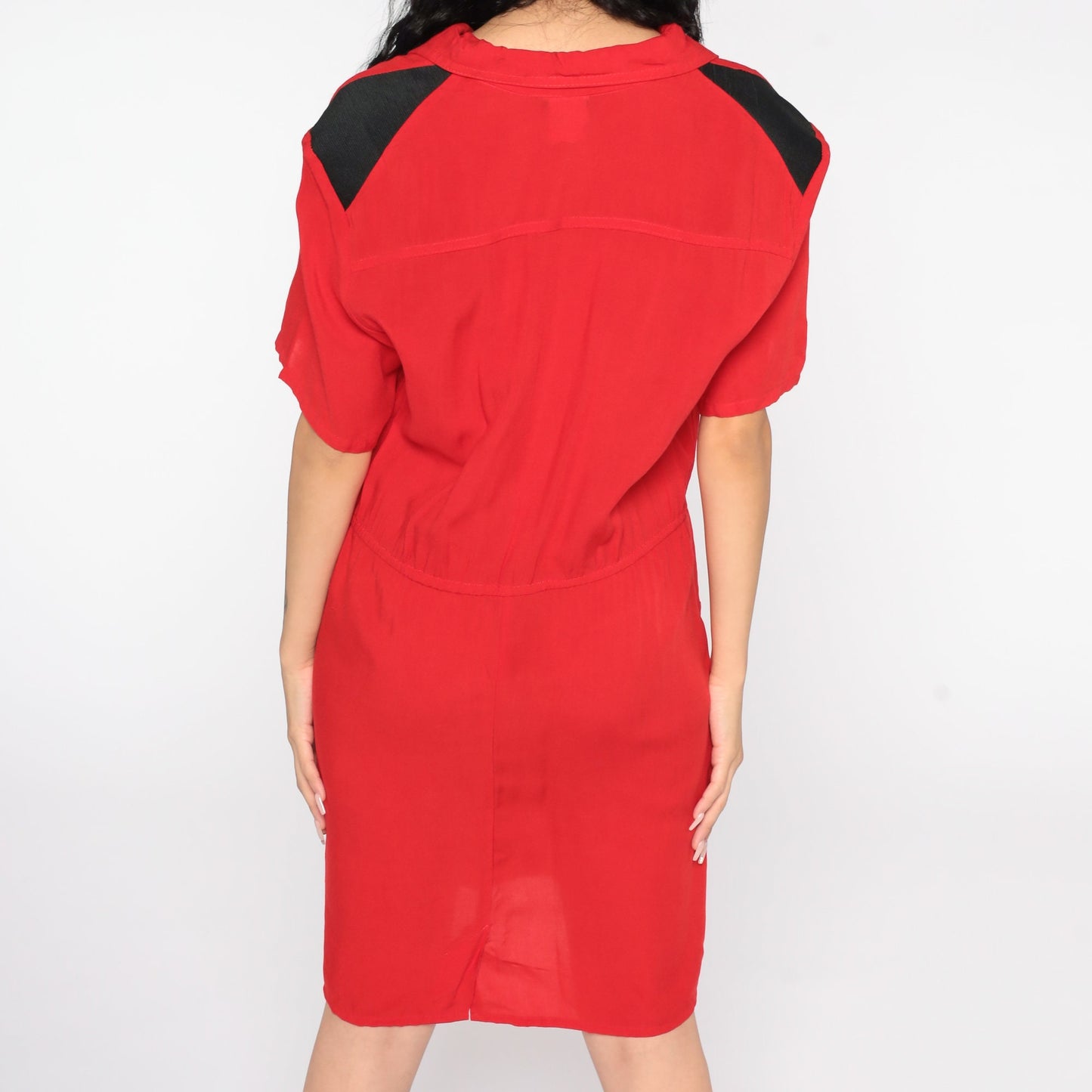 80s Red Mini Sheath Dress Button-Up V-Neck Short Sleeve Medium Large