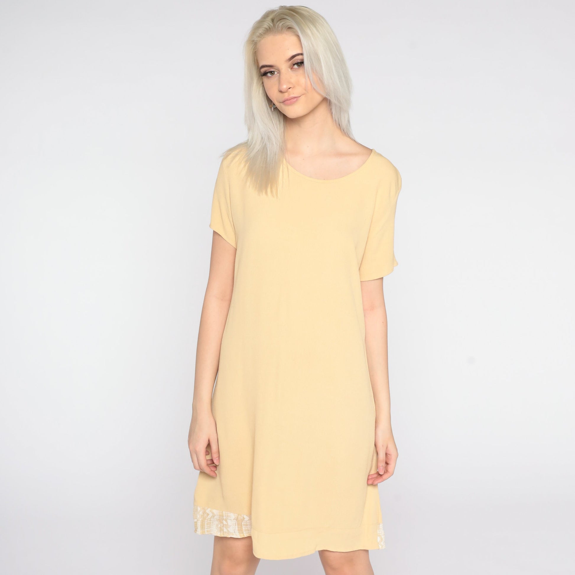 90s Yellow Mini Shift Dress Zig Zag Trim Short Sleeve Small S