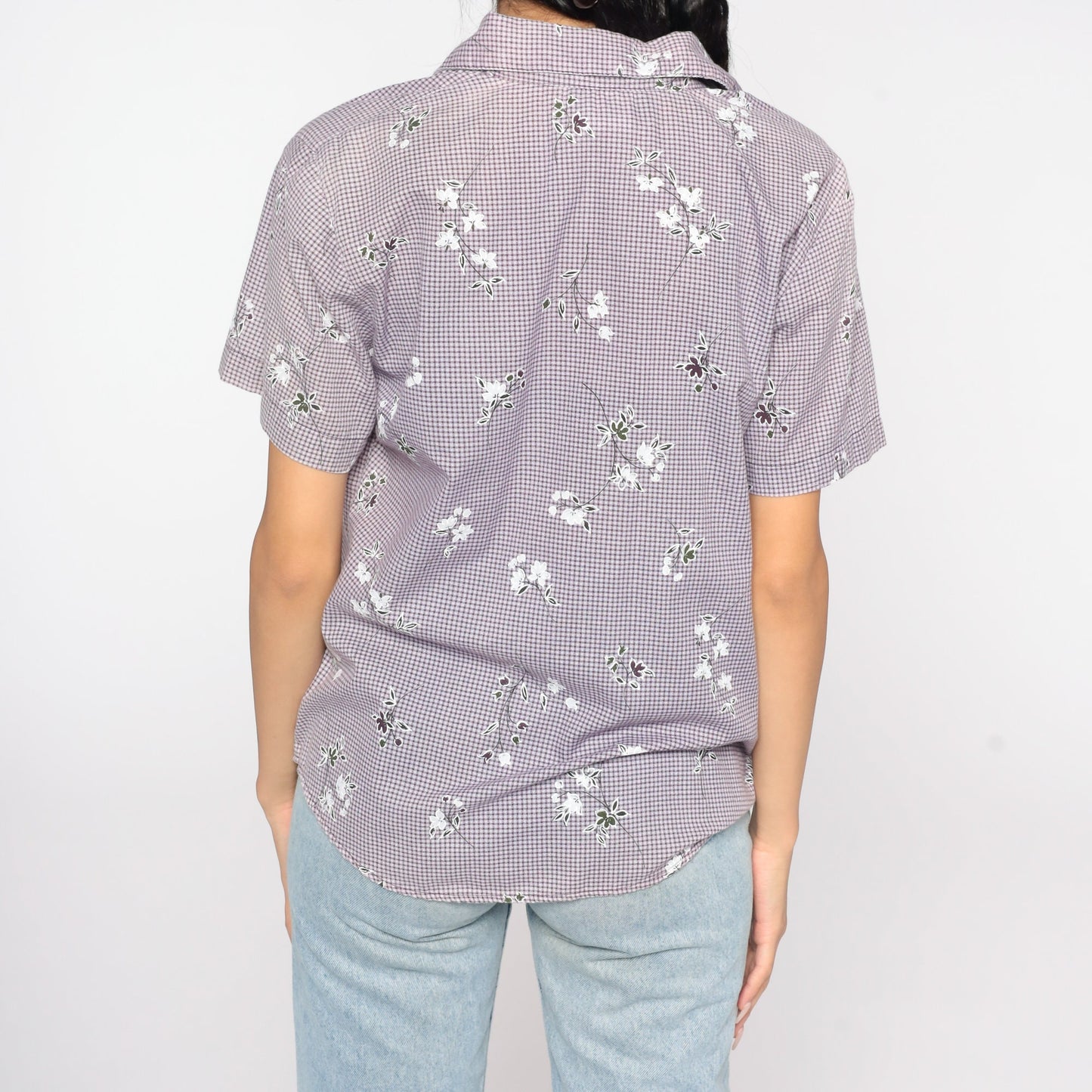 90s Purple Gingham Floral Button-Up Shirt Short Sleeve Small Petite