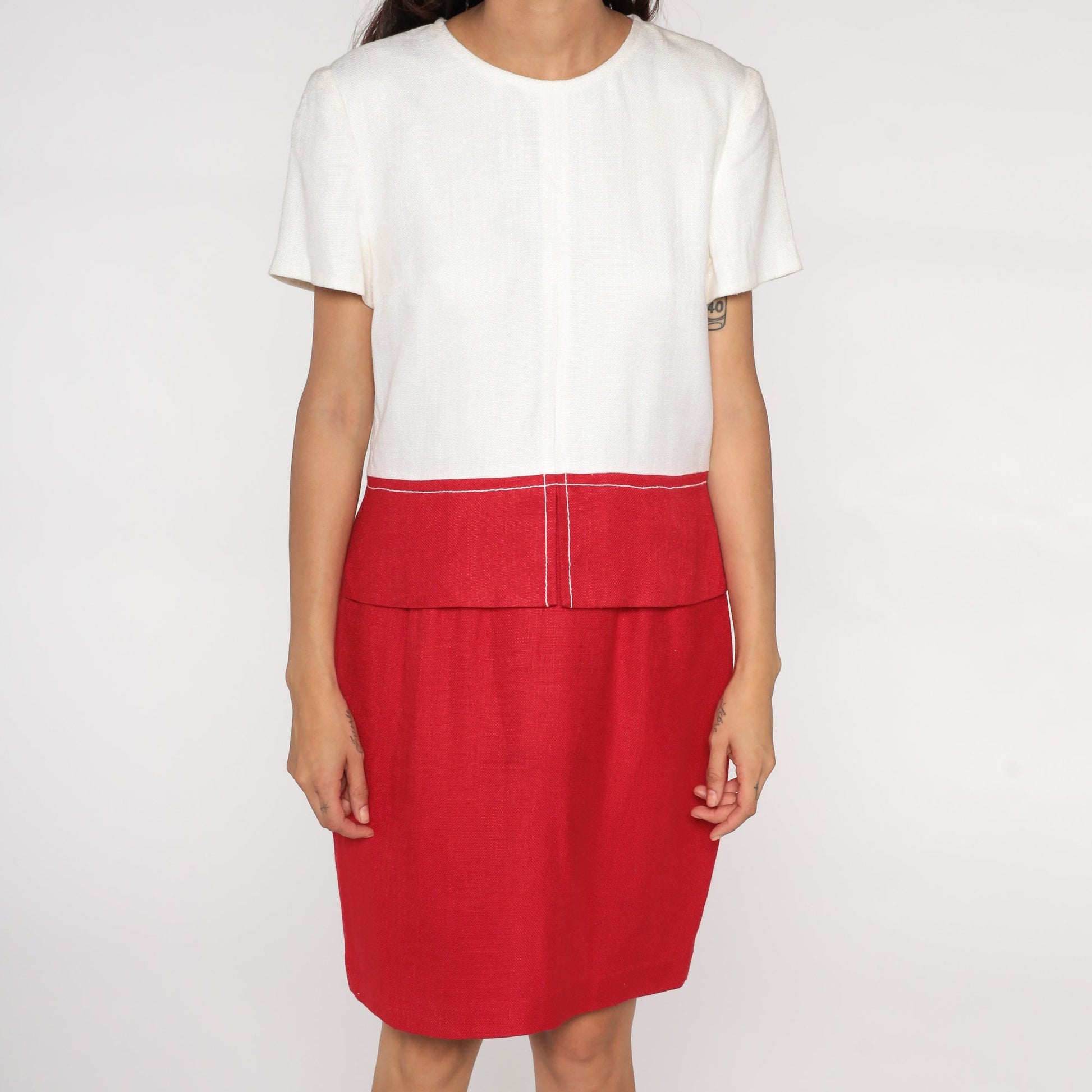 80s Red White Colour Block Pencil Dress High Waist Mini Short Sleeve Medium