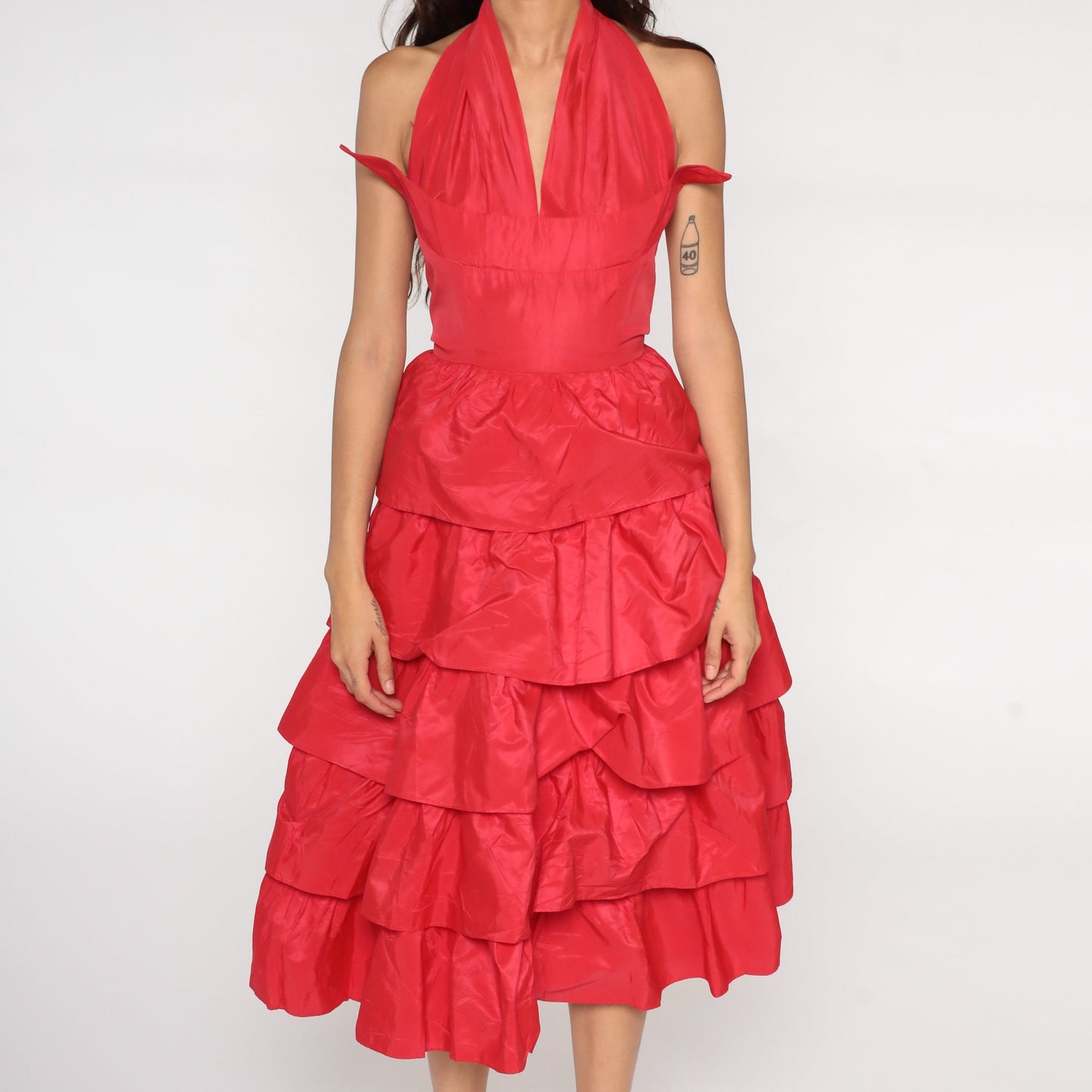 50s Red Halter Party Dress Tiered Skirt V Neck Tea Length Extra Small
