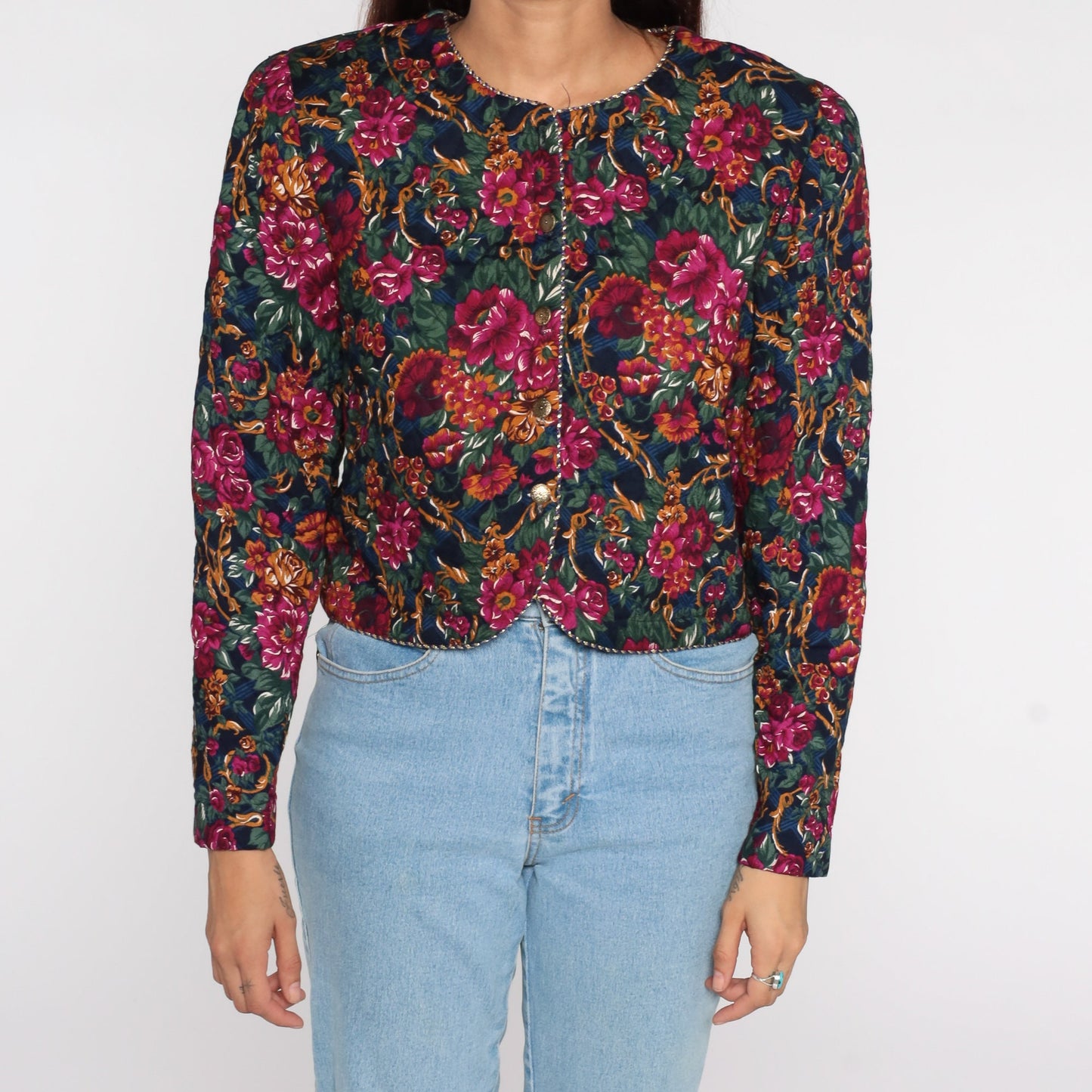 80s Quilted Floral Cropped Jacket Fuchsia Button-Up Medium