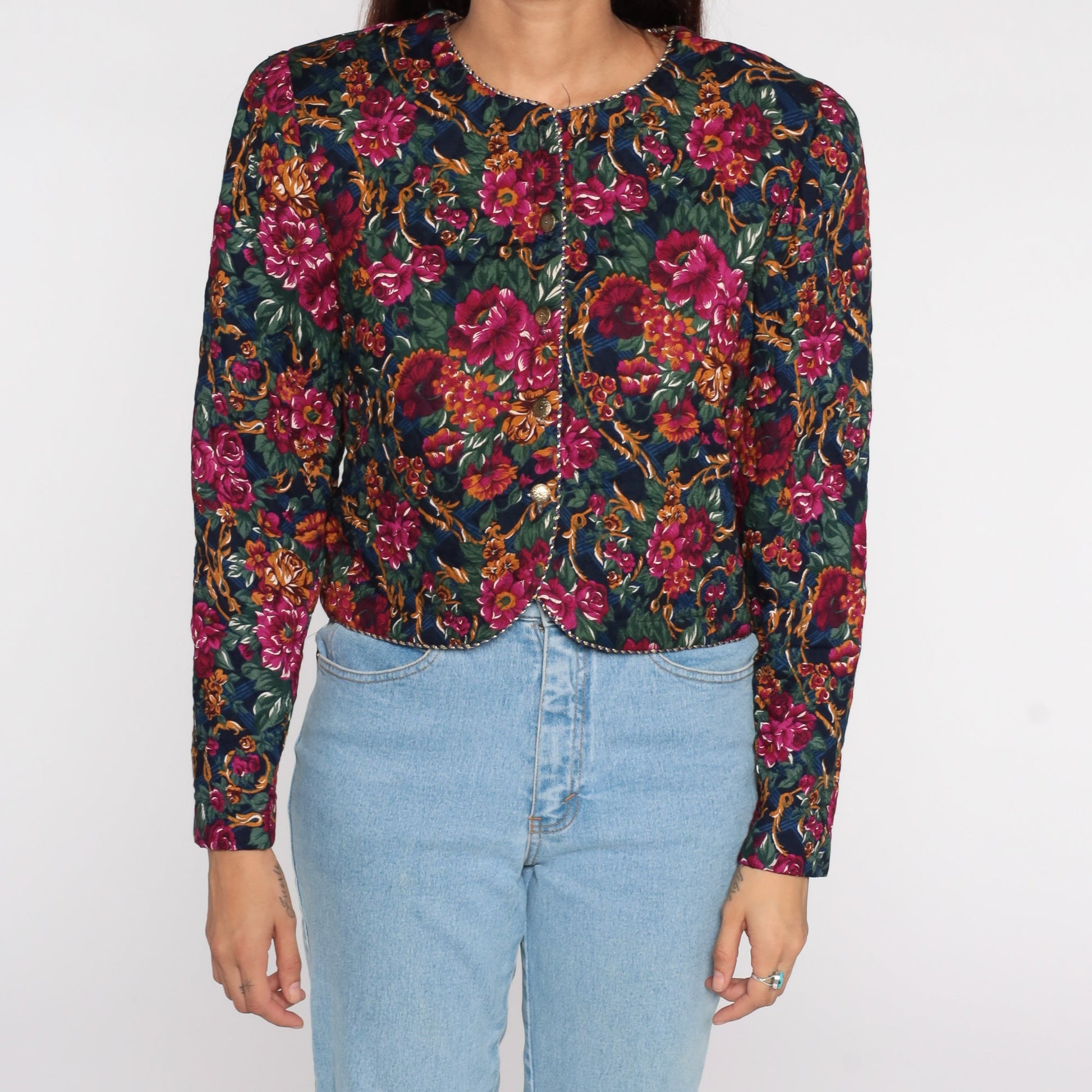 80s Quilted Floral Cropped Jacket Fuchsia Button-Up Medium