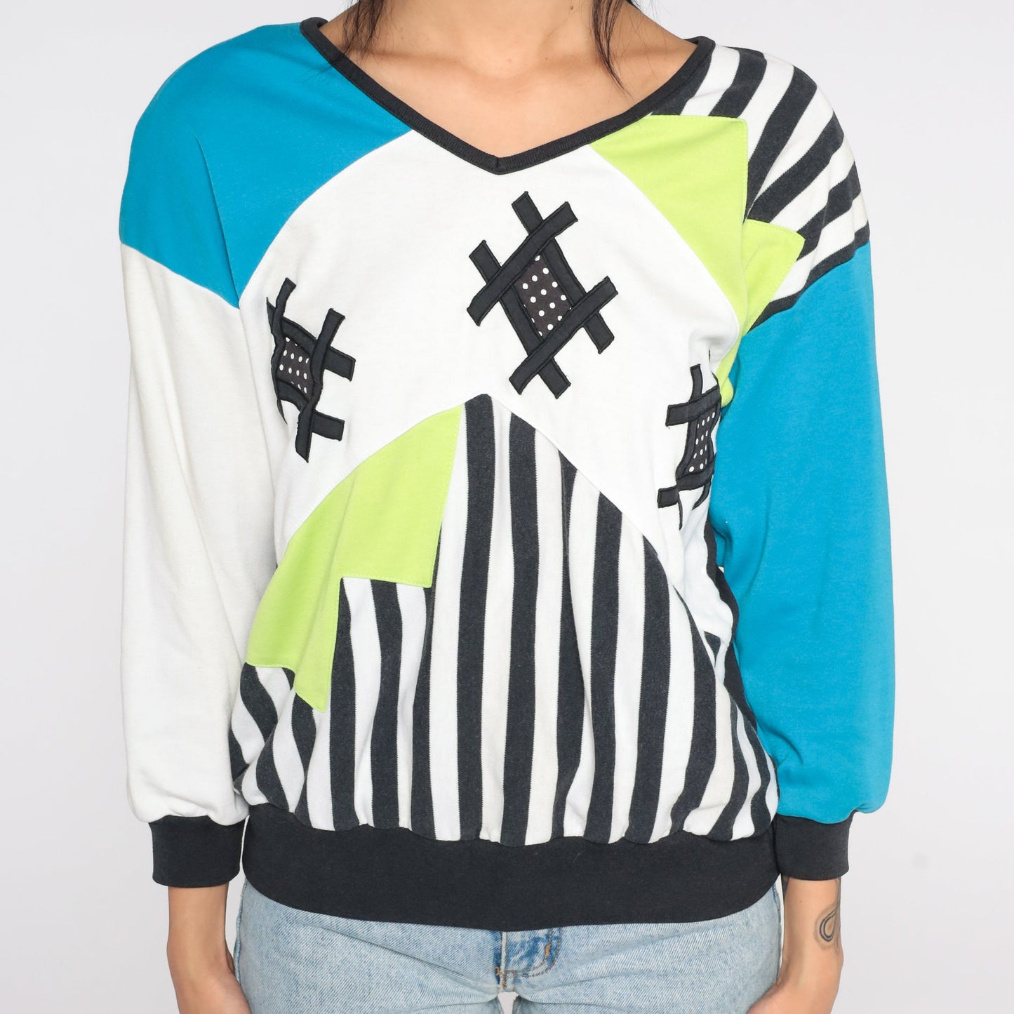 80s Colour Block Striped Sweatshirt Blue Green Crewneck Pullover Small
