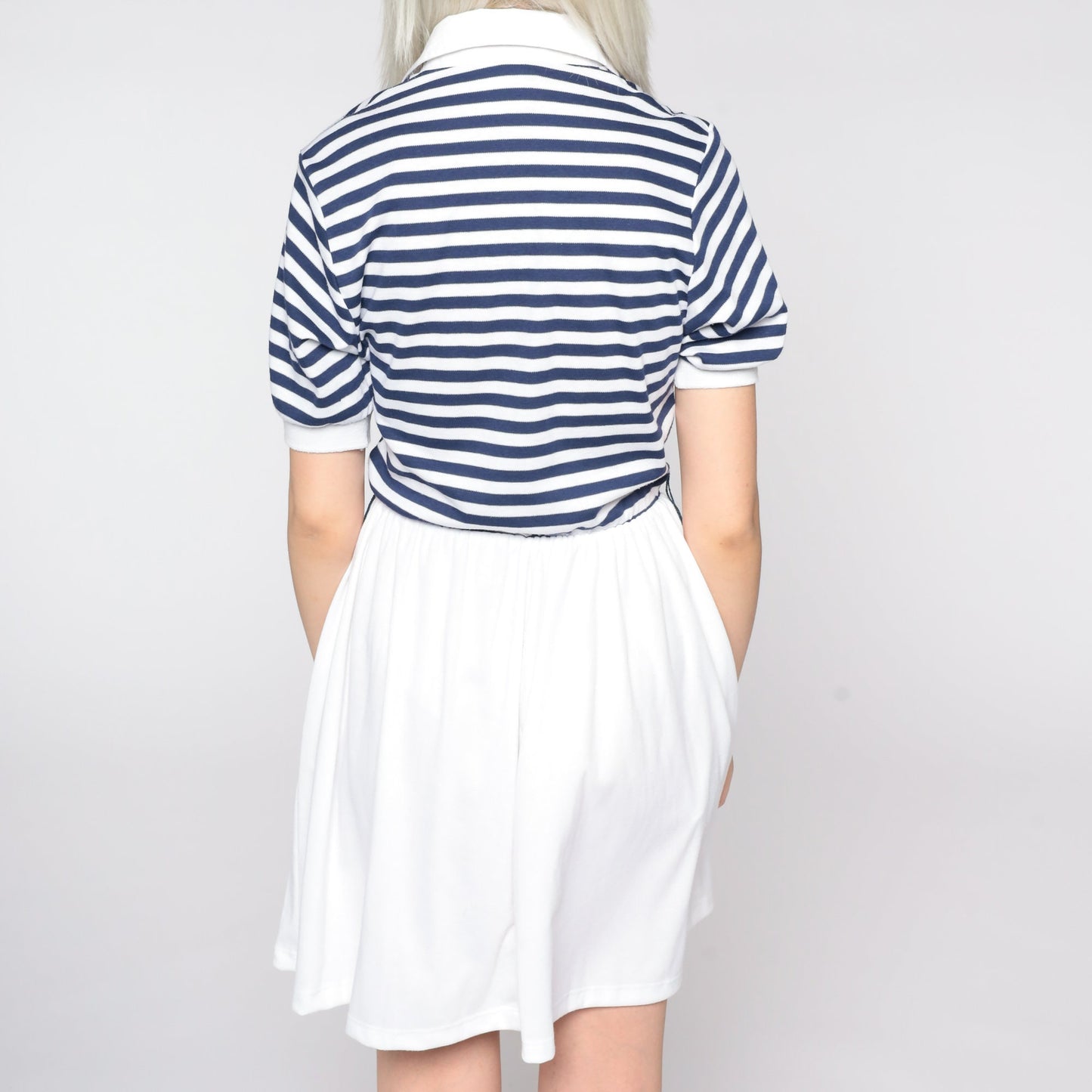 80s Nautical Striped Mini Dress White Blue Sailor High Waist Small S