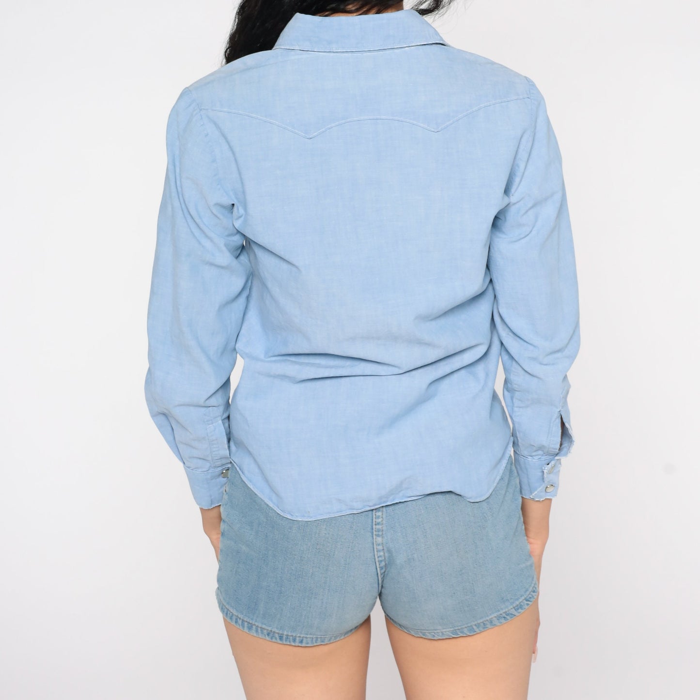 70s Chambray Shirt Embroidered Rainbow Star Pearl Snap Western Blue Extra Small