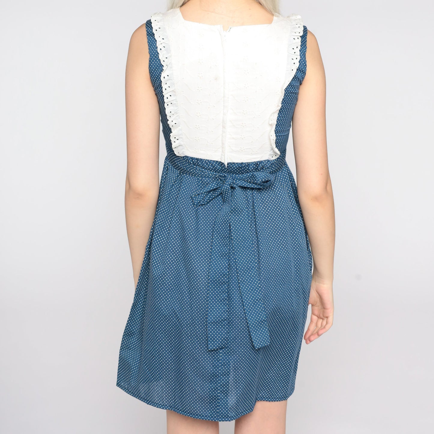 70s Blue Polka Dot Mini Dress Eyelet Lace Bib Empire Waist Extra Small