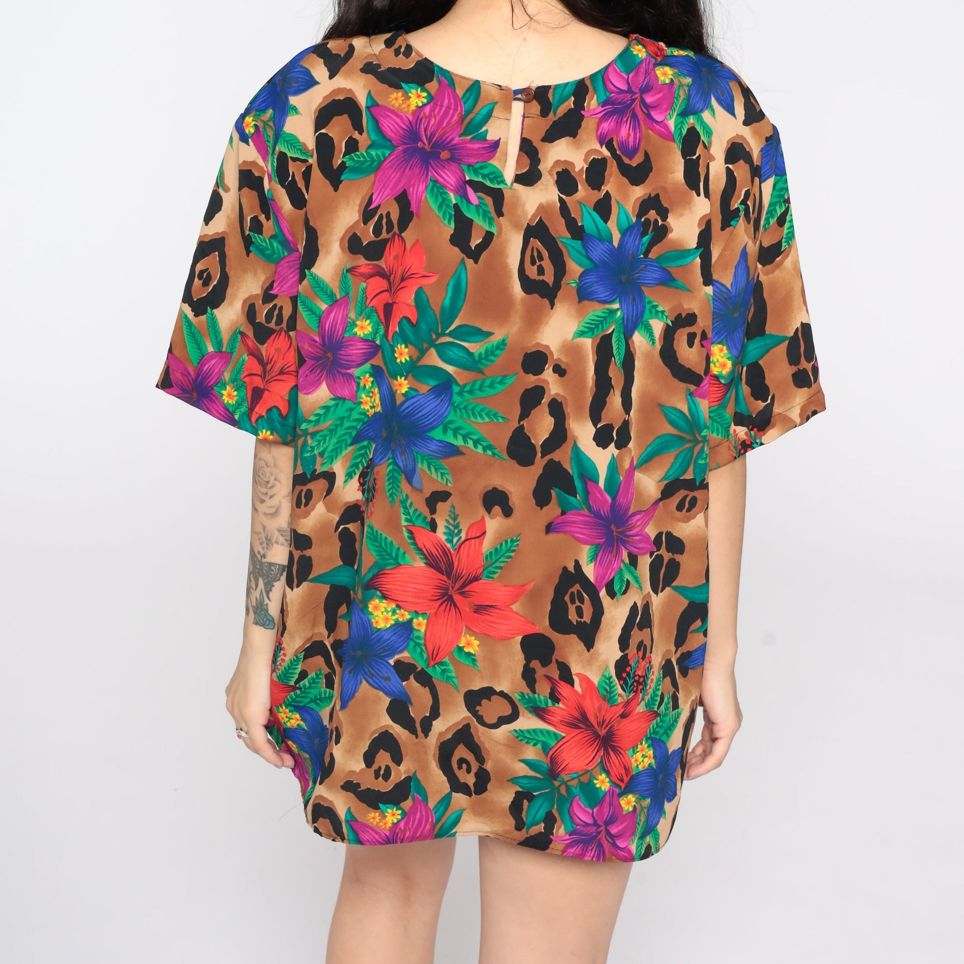 90s Tropical Floral Leopard Print Short Sleeve Blouse Large