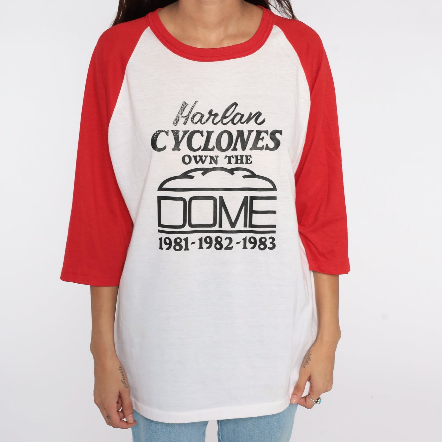 80s Harlan Cyclones Bogler Raglan Baseball Tee White Red Extra Large