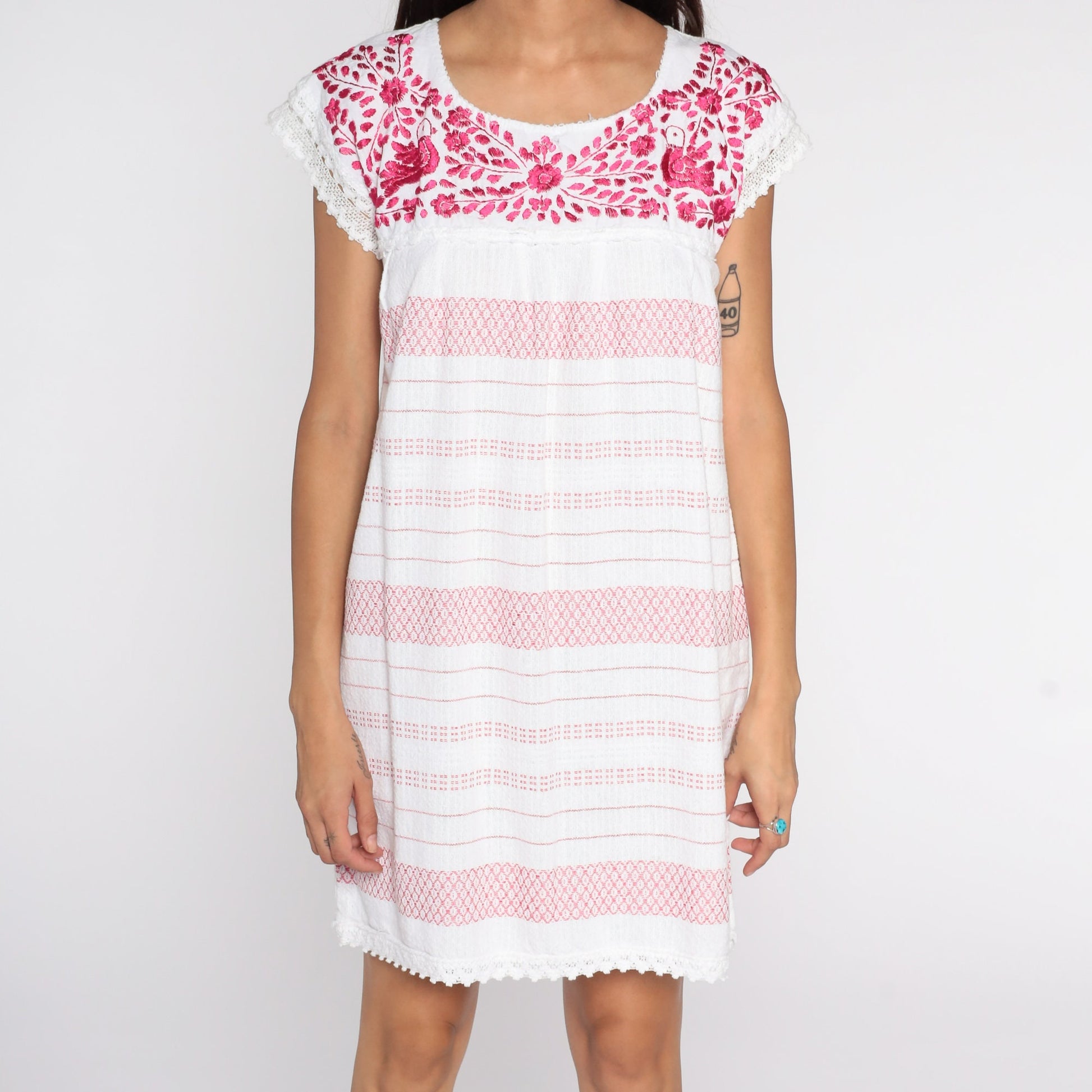 Vintage Mexican Embroidered White Cotton Mini Dress Pink Floral Small
