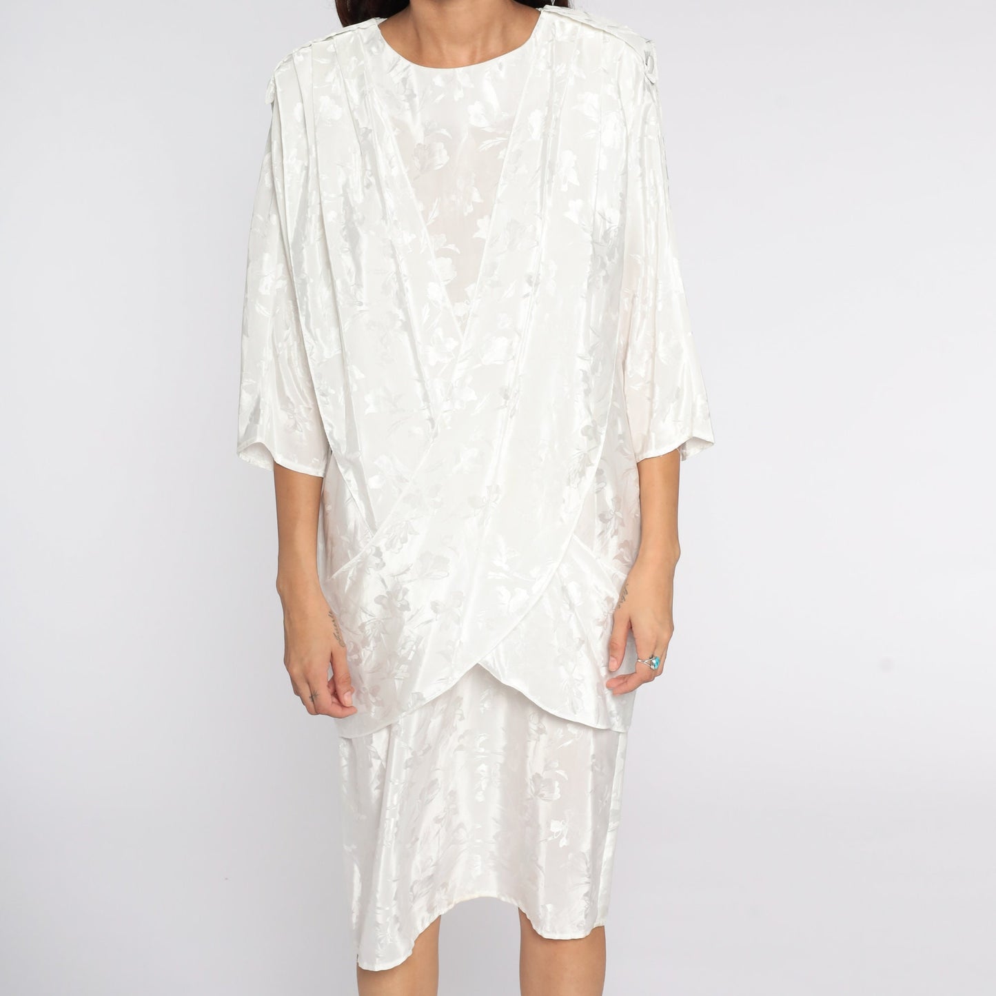 80s All That Jazz White Floral Embossed Midi Dress Draped Panel Medium