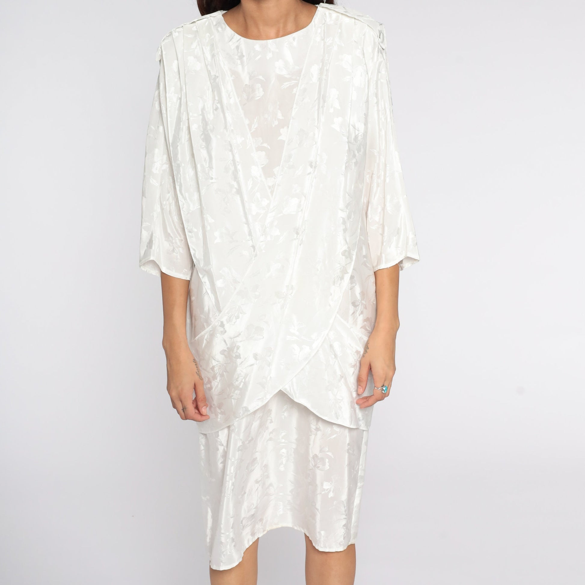 80s All That Jazz White Floral Embossed Midi Dress Draped Panel Medium