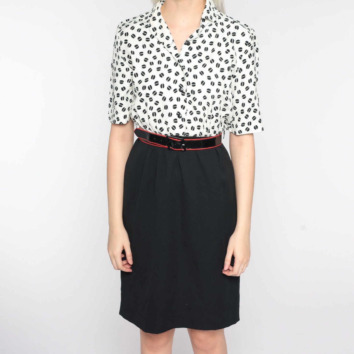 80s Black White Geometric Mini Shirtdress High Waist Button Front Extra Small